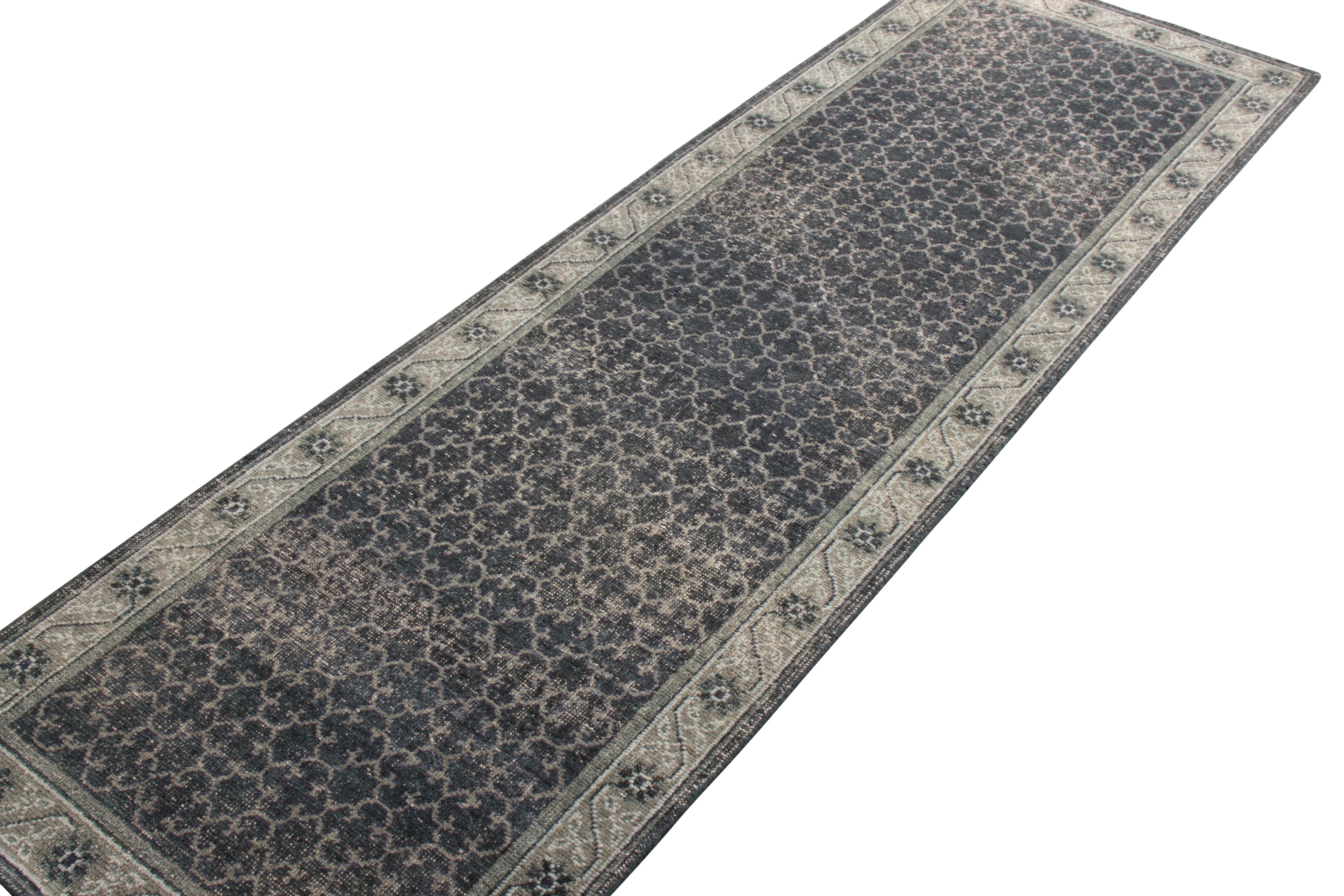Khotan Rug & Kilim’s Distressed Style Custom Runner in Blue, Gray Geometric Pattern For Sale