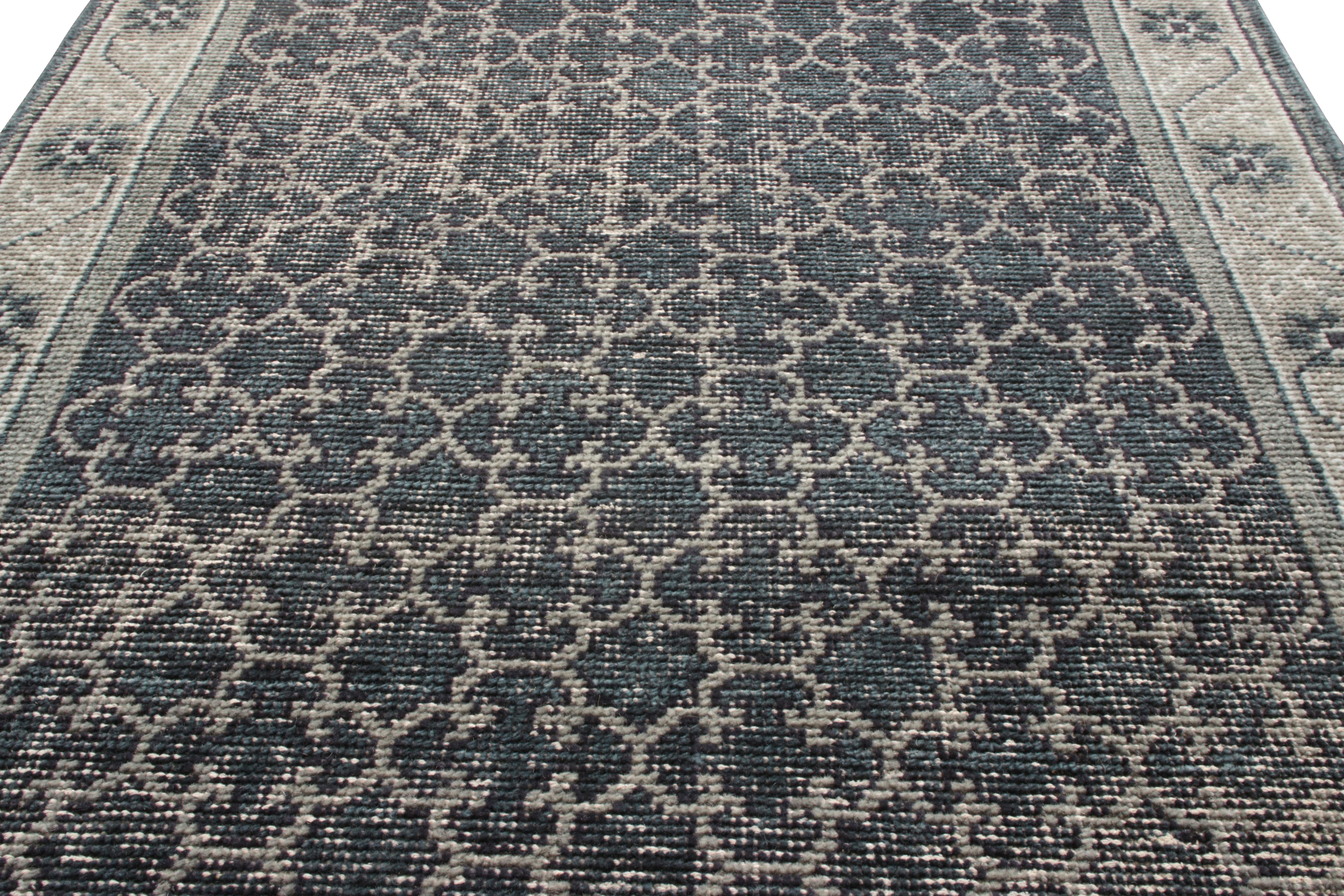 Indian Rug & Kilim’s Distressed Style Custom Runner in Blue, Gray Geometric Pattern For Sale