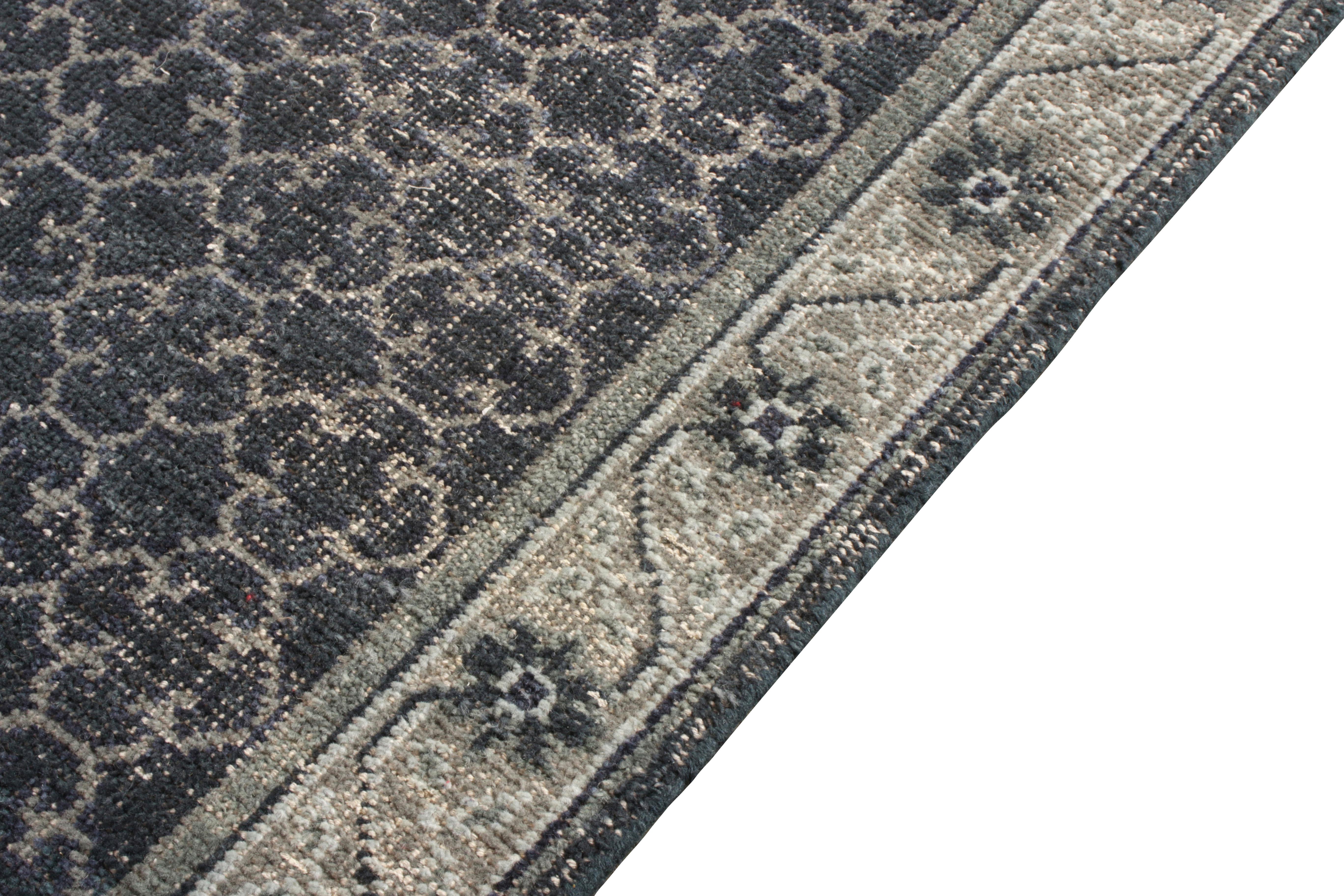 Indian Rug & Kilim’s Distressed Style Custom Runner in Blue, Gray Geometric Pattern For Sale