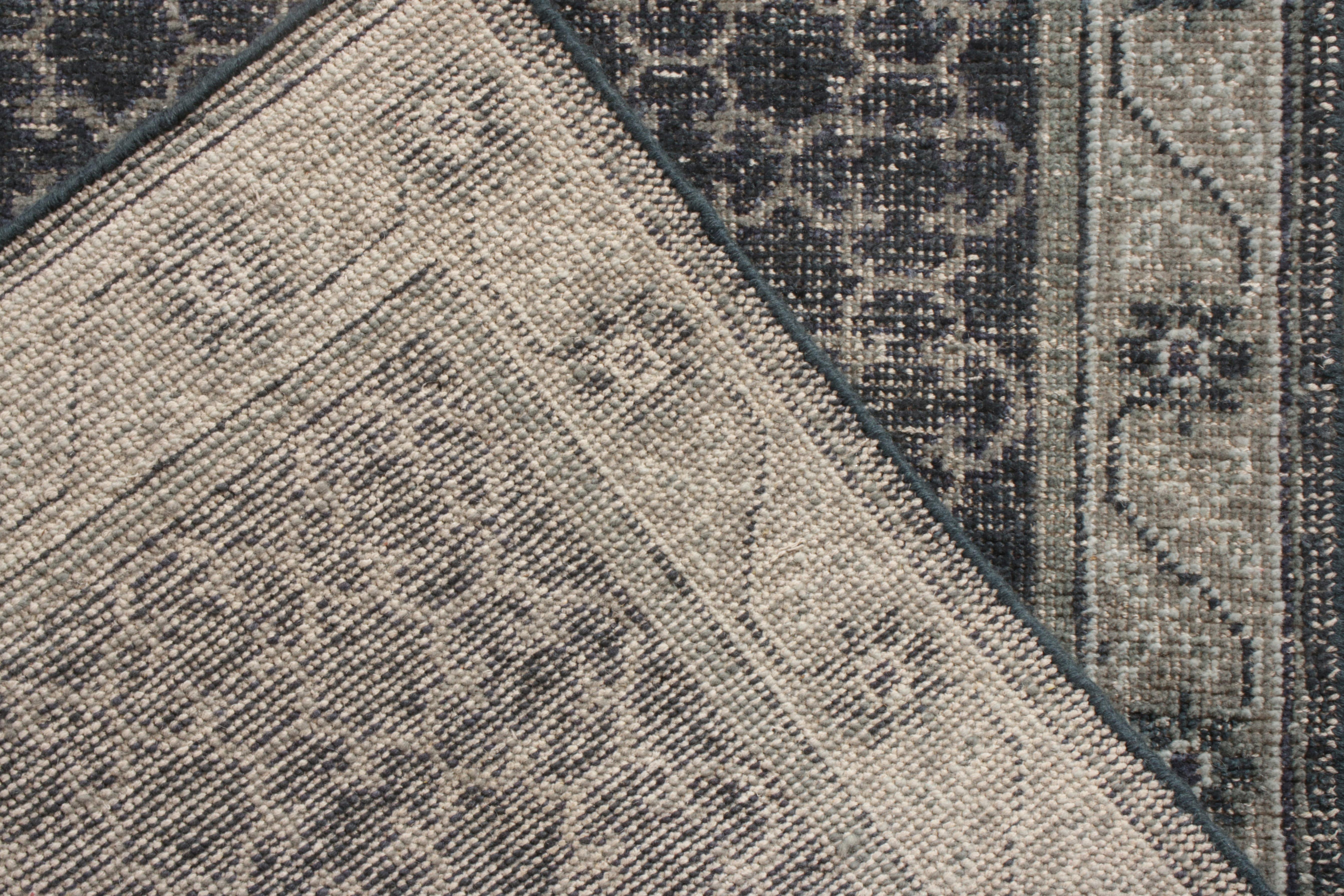 Hand-Knotted Rug & Kilim’s Distressed Style Custom Runner in Blue, Gray Geometric Pattern For Sale