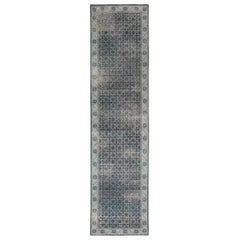 Rug & Kilim’s Distressed Style Custom Runner in Blue, Gray Geometric Pattern