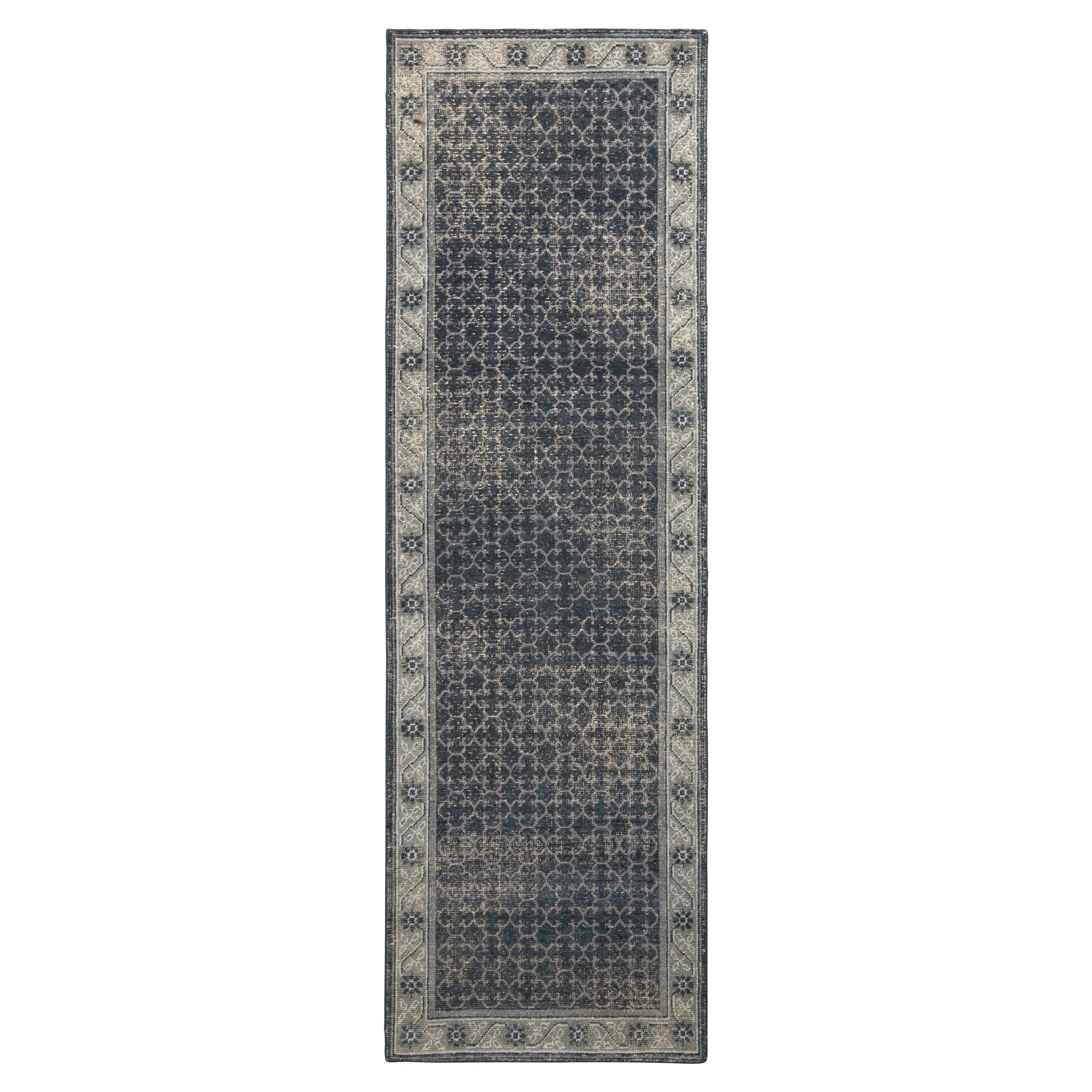 Rug & Kilim’s Distressed Style Custom Runner in Blue, Gray Geometric Pattern For Sale