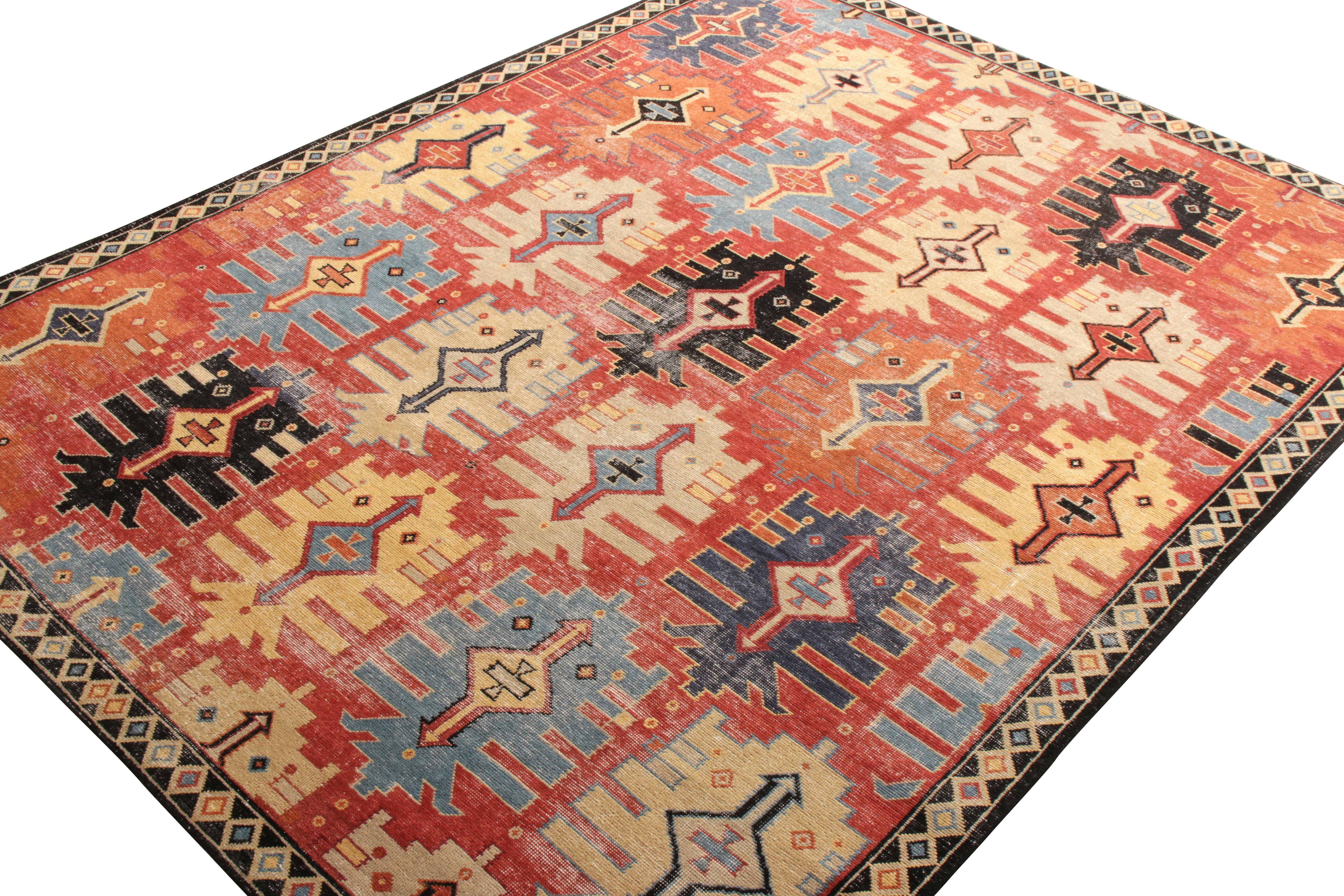 Indian Rug & Kilim’s Distressed Style Custom Tribal Rug in Red, Blue Geometric Pattern For Sale