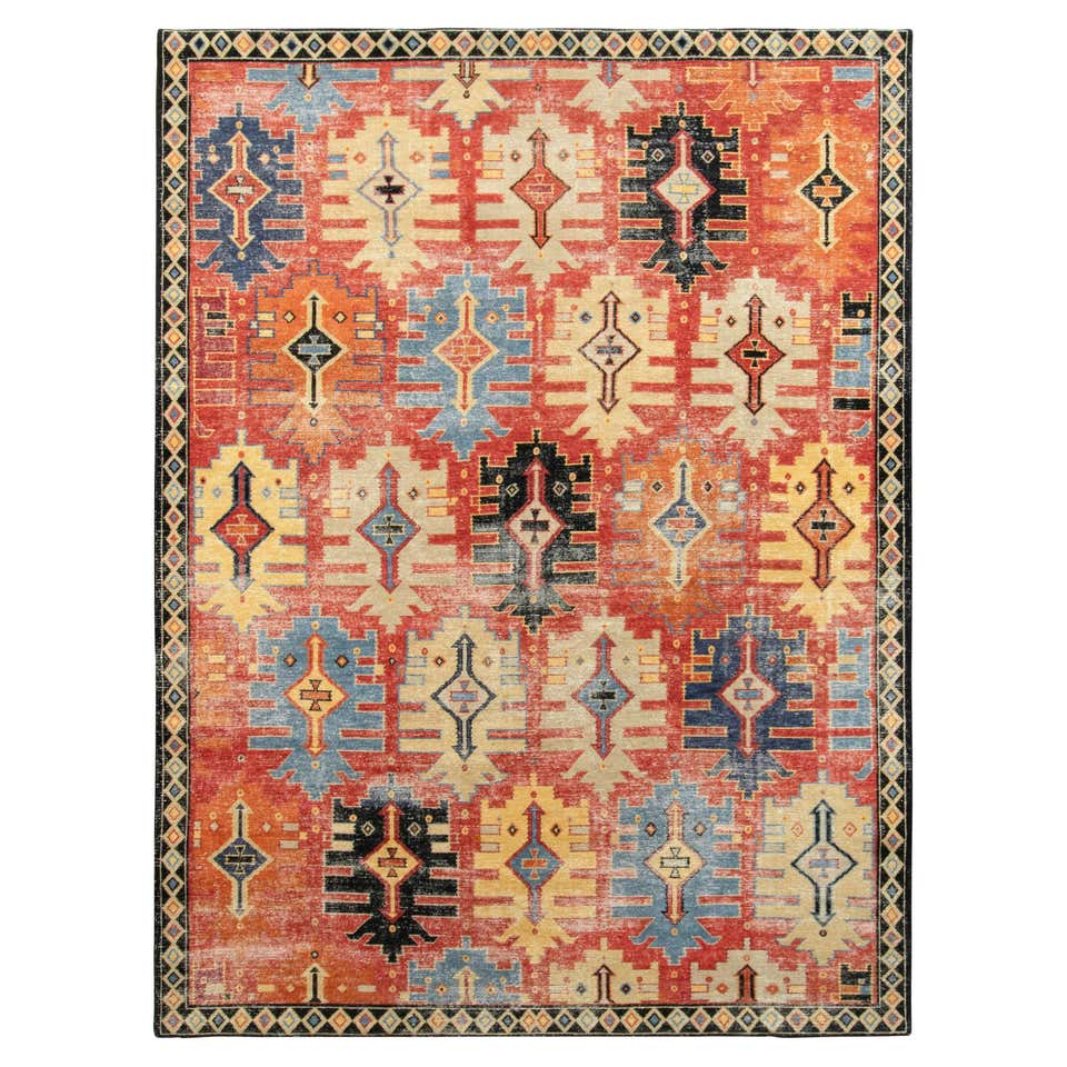 Multicolour Wool Rug Contemporary Rajasthan Tribal Red and Blue Multi-Color Wool Rug at 1stDibs