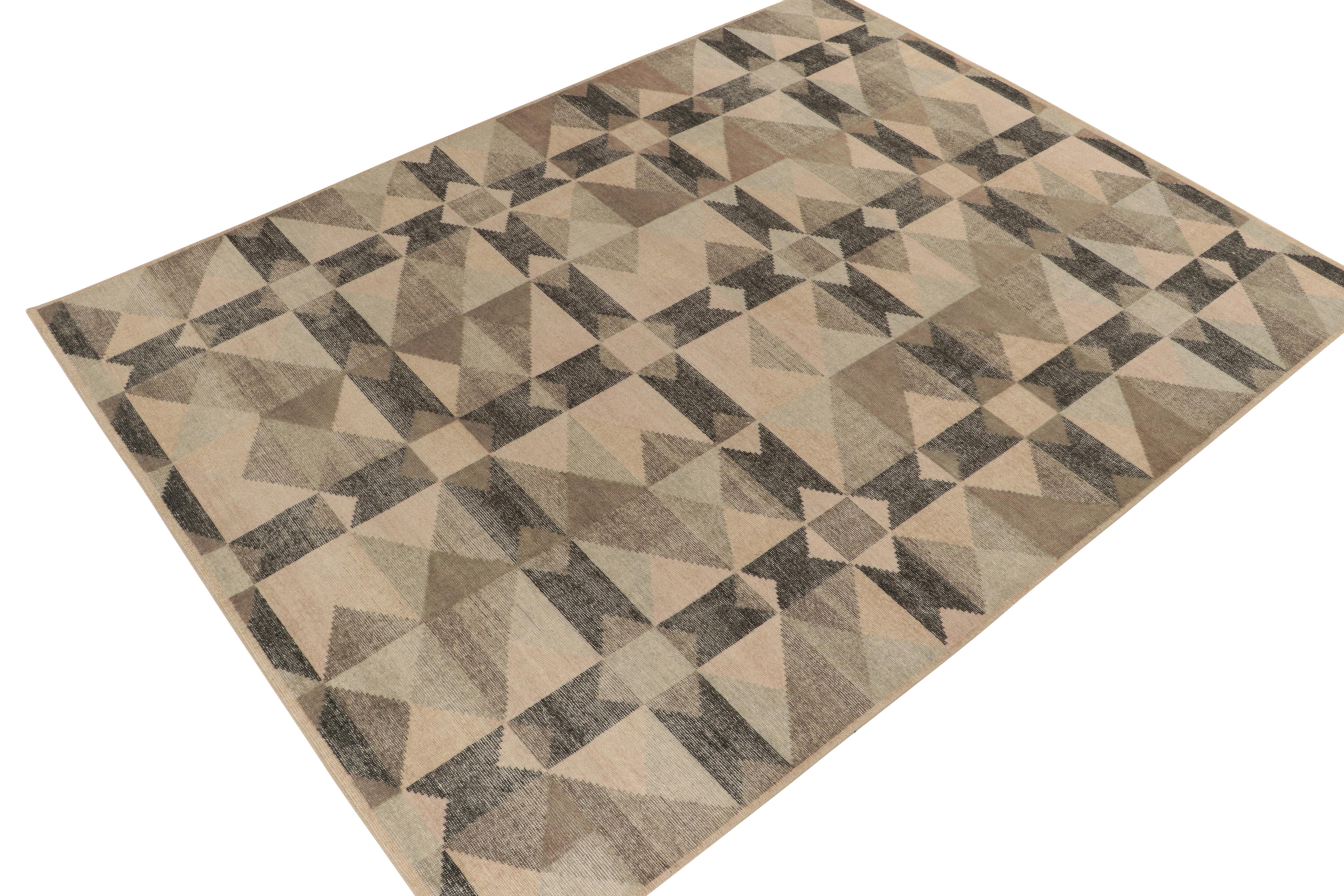Art Déco Rug & Kilim - Tappeto Deco in stile Distressed in beige-marrone, motivo geometrico nero in vendita