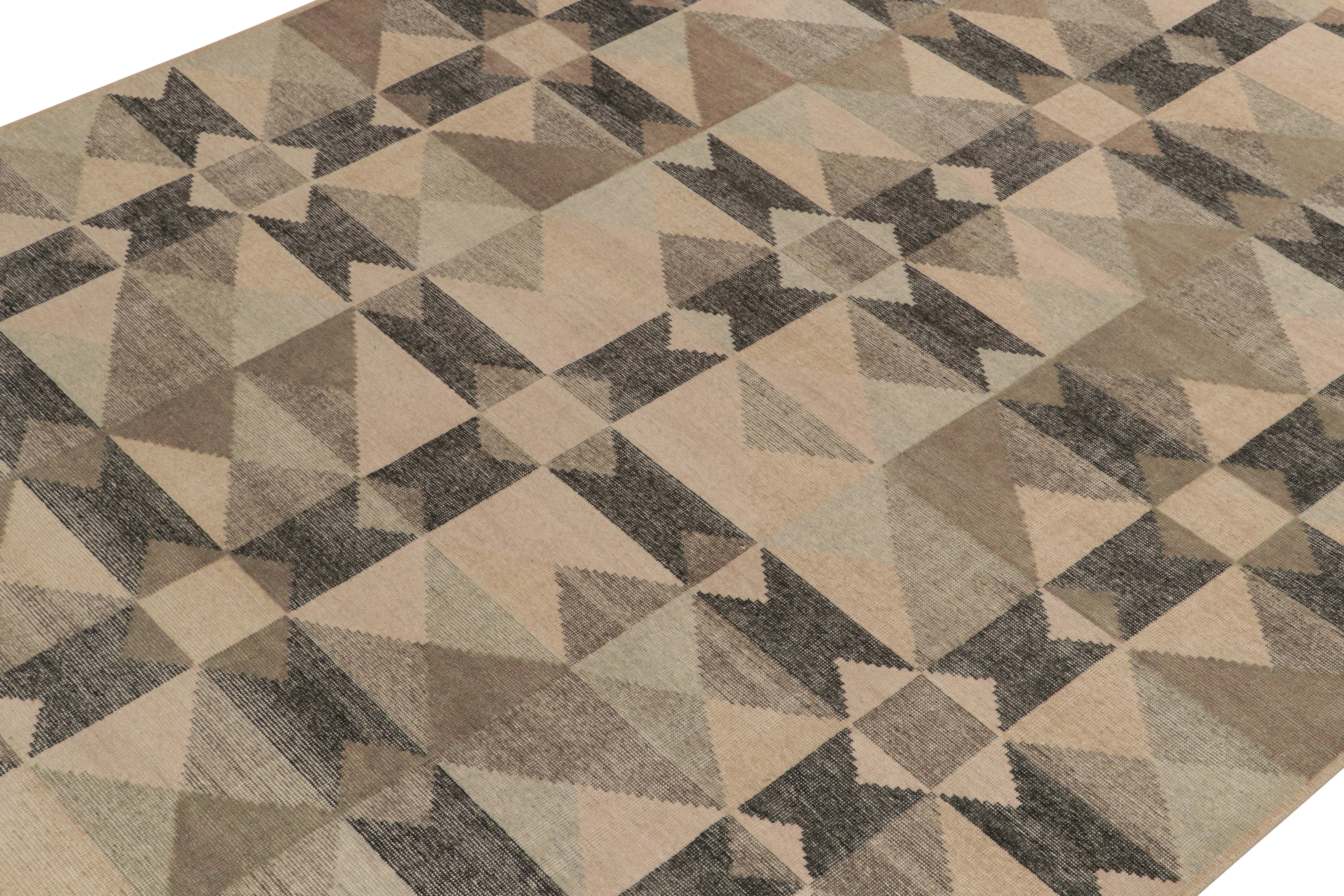 Indiano Rug & Kilim - Tappeto Deco in stile Distressed in beige-marrone, motivo geometrico nero in vendita