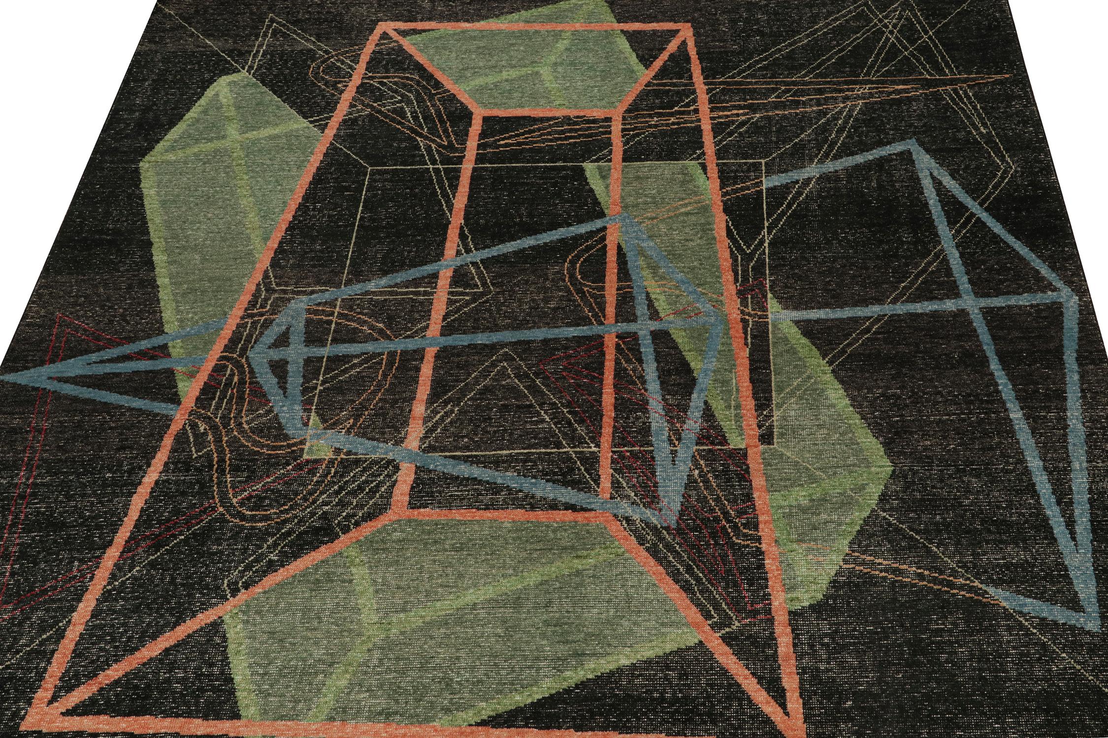 Art déco Rug & Kilim's Distressed Style Deco Rug in Black with Colorful Geometric Pattern (Tapis déco de style vieilli avec motif géométrique coloré) en vente