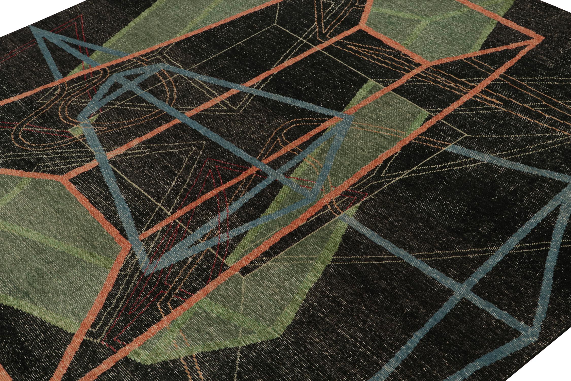 Indien Rug & Kilim's Distressed Style Deco Rug in Black with Colorful Geometric Pattern (Tapis déco de style vieilli avec motif géométrique coloré) en vente