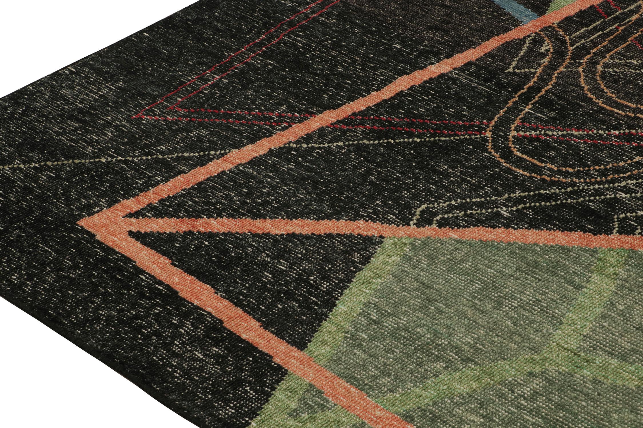 Noué à la main Rug & Kilim's Distressed Style Deco Rug in Black with Colorful Geometric Pattern (Tapis déco de style vieilli avec motif géométrique coloré) en vente