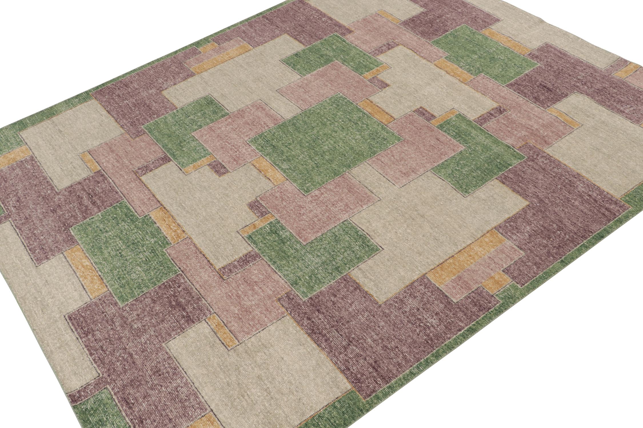 This contemporary 8x10 rug is a new addition to the Homage Collection by Rug & Kilim. Hand-knotted in wool and cotton, it recaptures Art Deco rug styles in a smart new take on the Rustic Modern aesthetic. 

Further On the Design:

This design