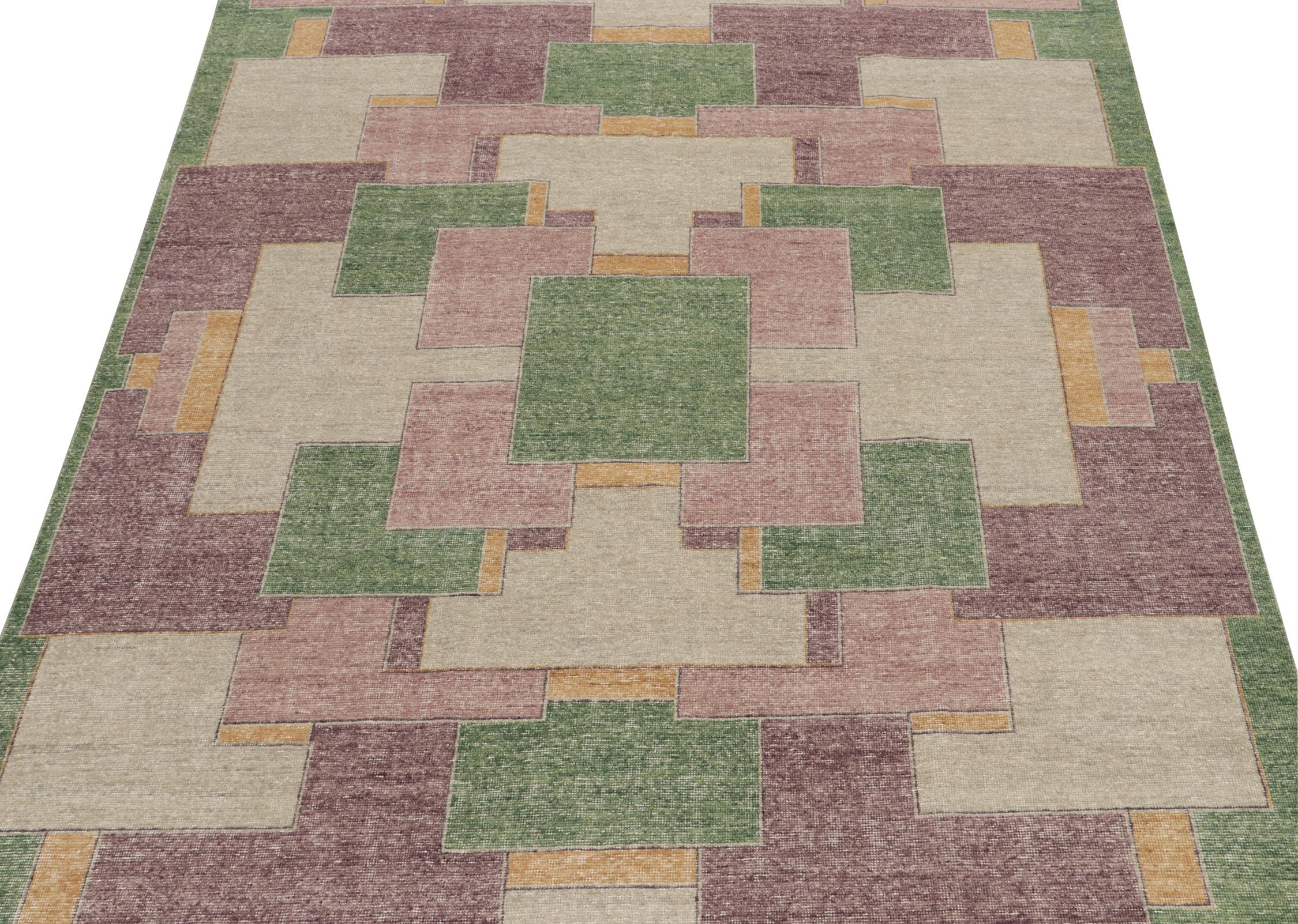 Art Deco Rug & Kilim’s Distressed Style Deco Rug in Purple and Green Geometric Pattern For Sale