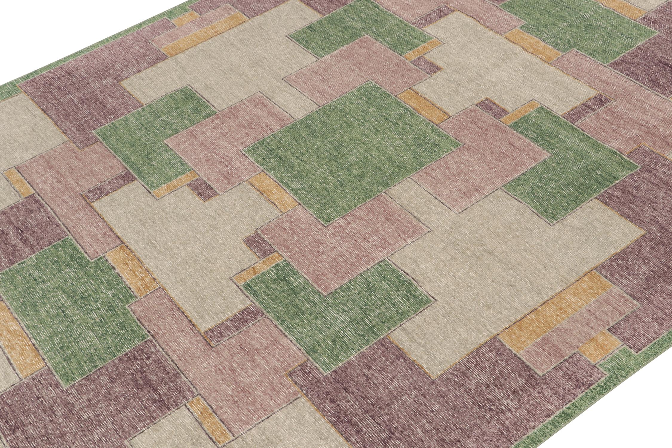 Indian Rug & Kilim’s Distressed Style Deco Rug in Purple and Green Geometric Pattern For Sale