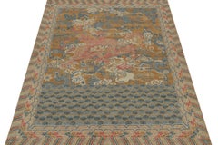 Rug & Kilim’s Distressed Style Dragon Rug in Ochre, Blue and Red Pictorial