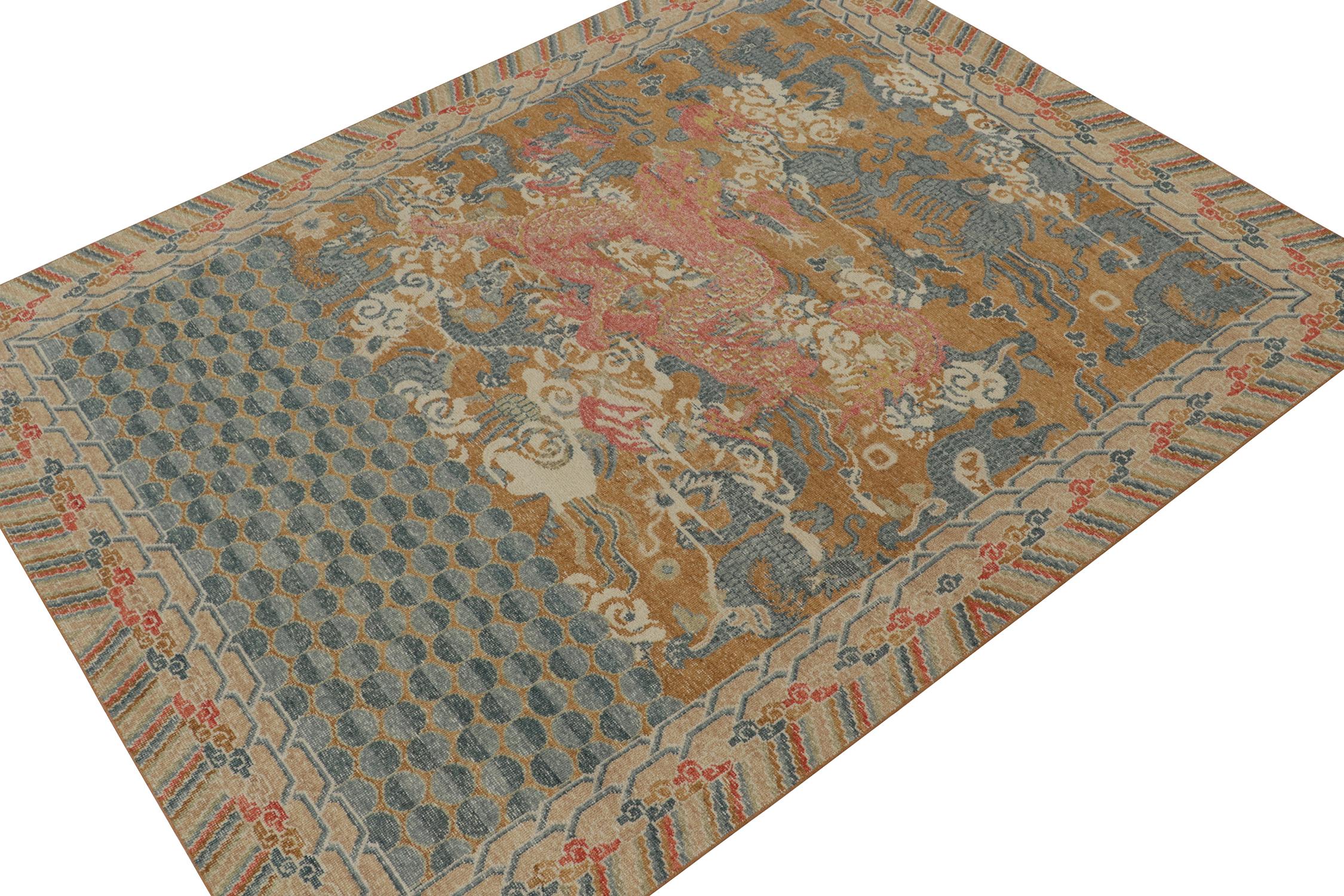 Indian Rug & Kilim’s Distressed Style Dragon Rug in Ochre, Blue and Red Pictorial For Sale