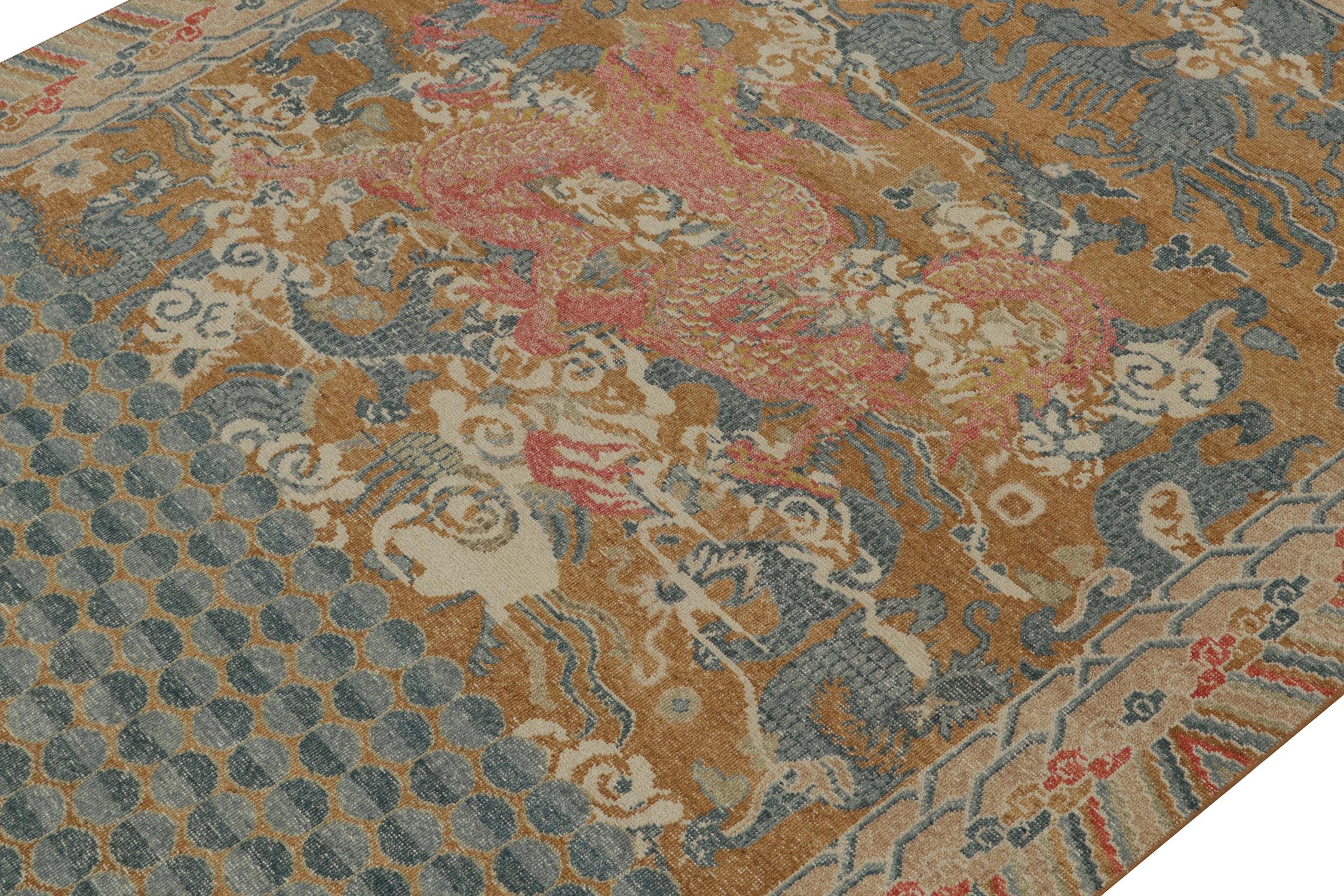 Hand-Knotted Rug & Kilim’s Distressed Style Dragon Rug in Ochre, Blue and Red Pictorial For Sale