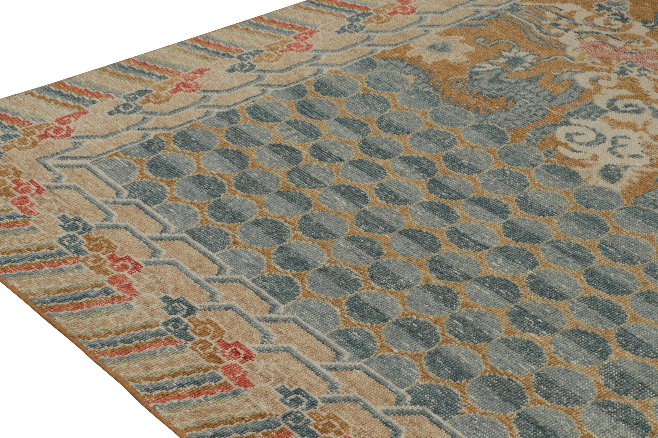 Rug & Kilim’s Distressed Style Dragon Rug in Ochre, Blue and Red Pictorial In New Condition For Sale In Long Island City, NY
