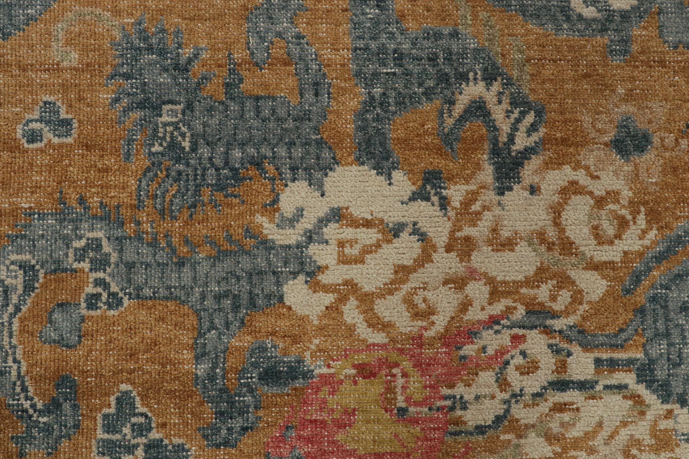 Contemporary Rug & Kilim’s Distressed Style Dragon Rug in Ochre, Blue and Red Pictorial For Sale