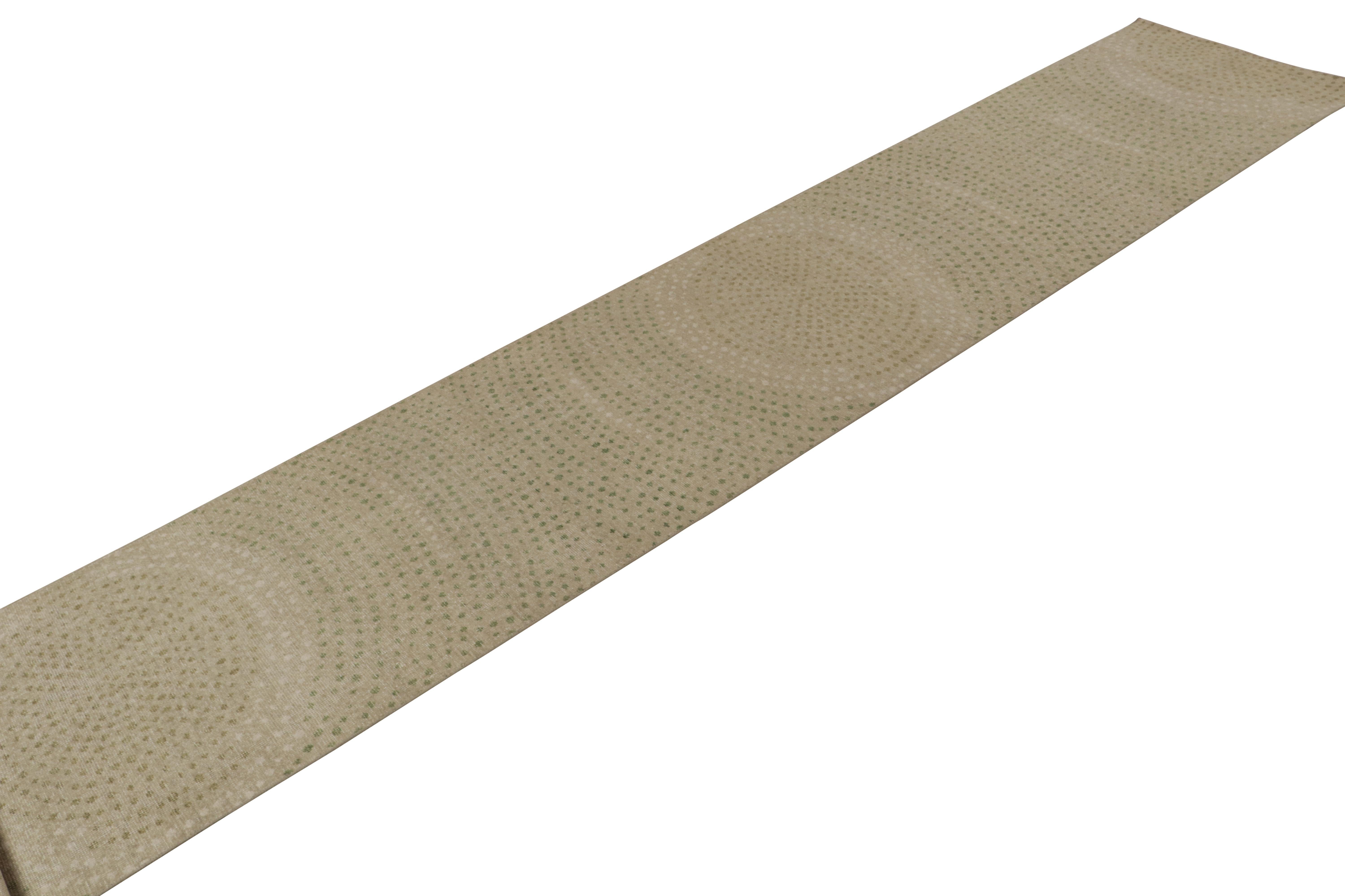 Modern Rug & Kilim’s Distressed Style Extra-Long Runner in Beige with Green Dot Pattern For Sale