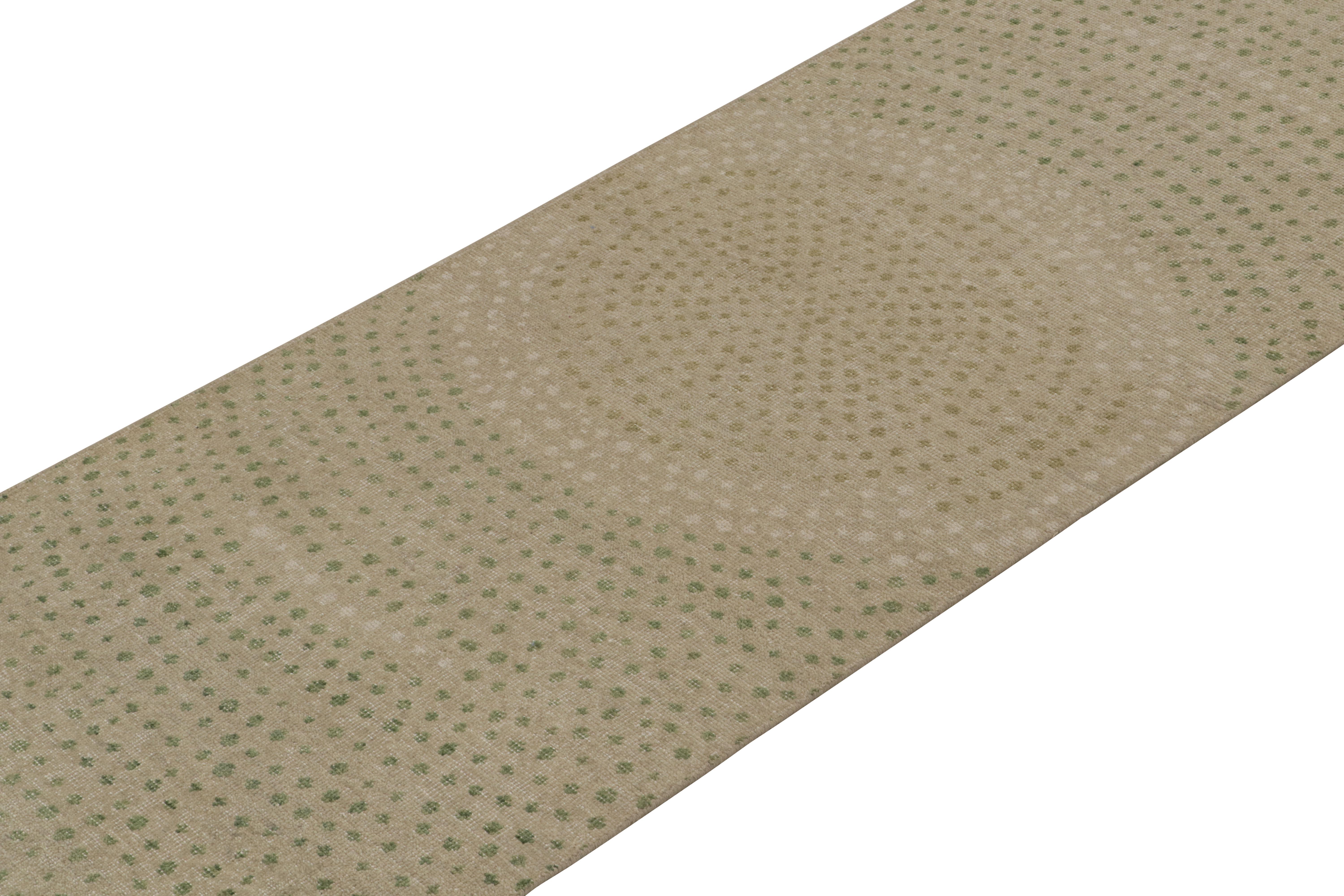 Indian Rug & Kilim’s Distressed Style Extra-Long Runner in Beige with Green Dot Pattern For Sale