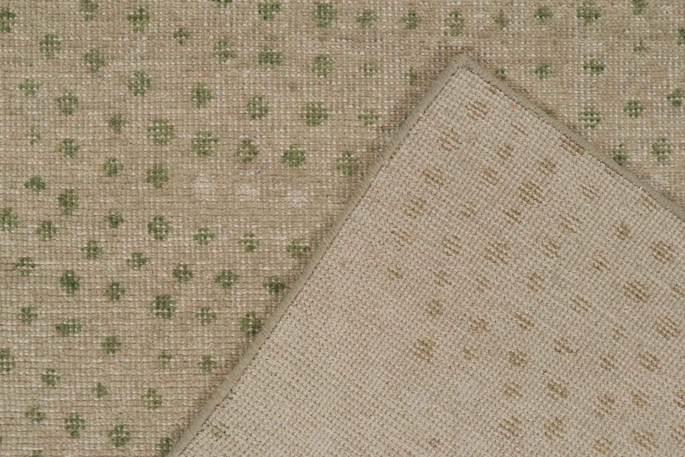 Contemporary Rug & Kilim’s Distressed Style Extra-Long Runner in Beige with Green Dot Pattern For Sale