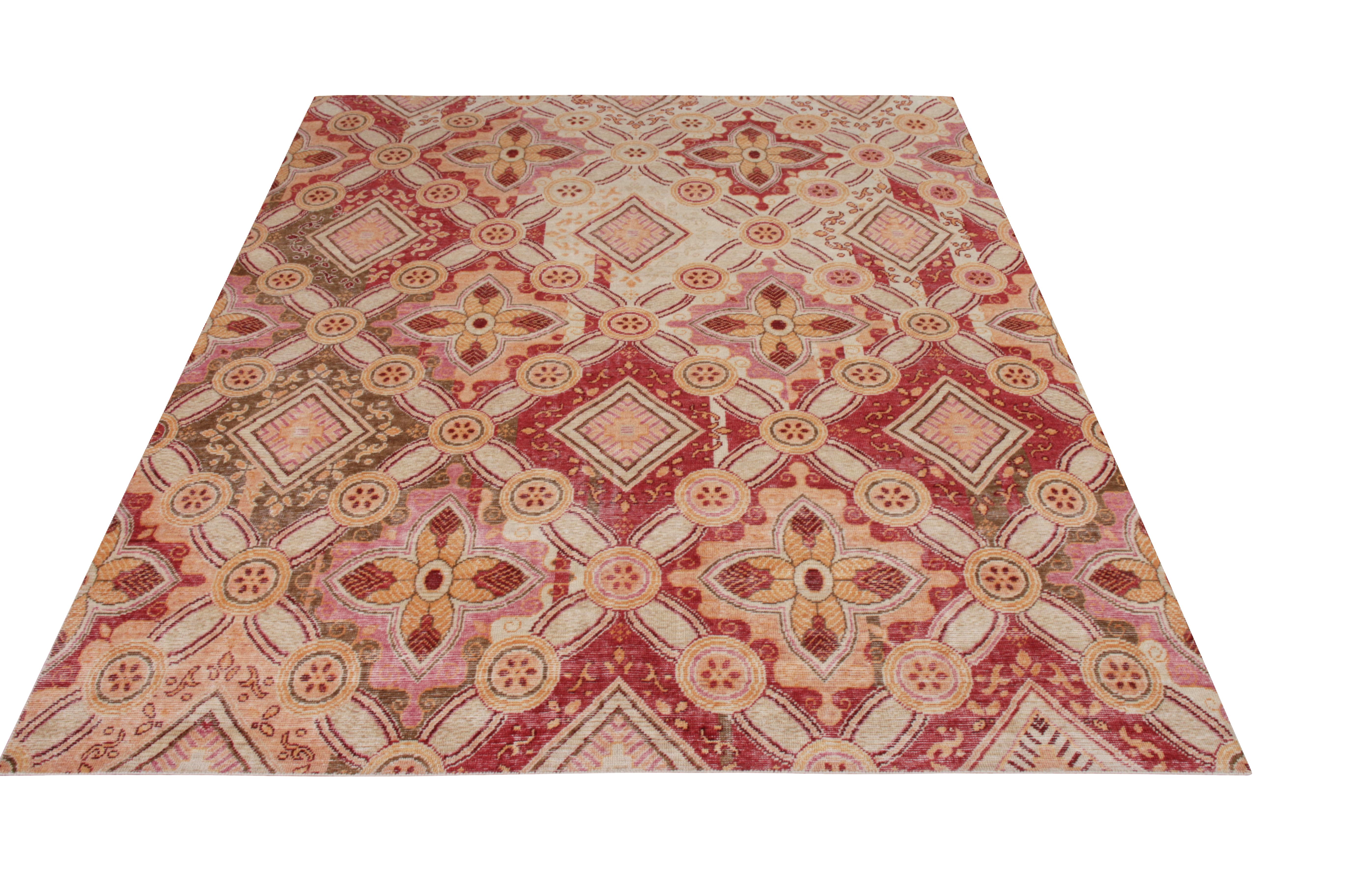 An 8 x 10 pink and red floral rug, joining the Homage Collection by Rug & Kilim. Hand knotted in wool, drawing inspiration from European floral motifs akin to English and French design sensibilities.

Further on the Design: Varied color and subtle