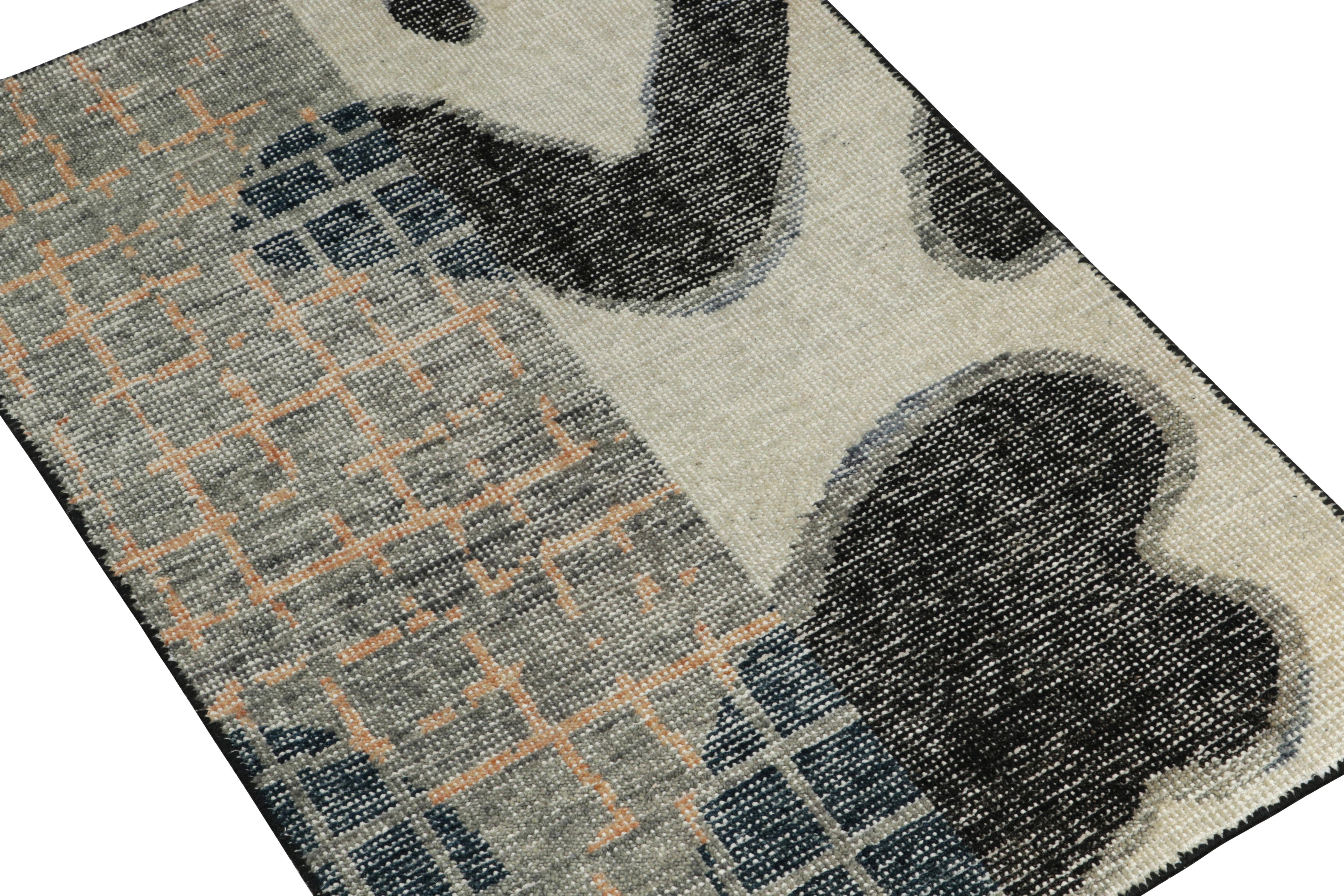 This 2x3 rug hails from the gift-size selections of Rug & Kilim’s Homage Collection, remarking a bold take on distressed style. This design evokes abstract moods with expressionist geometry in black, white, gray and blue.

An ideal choice in