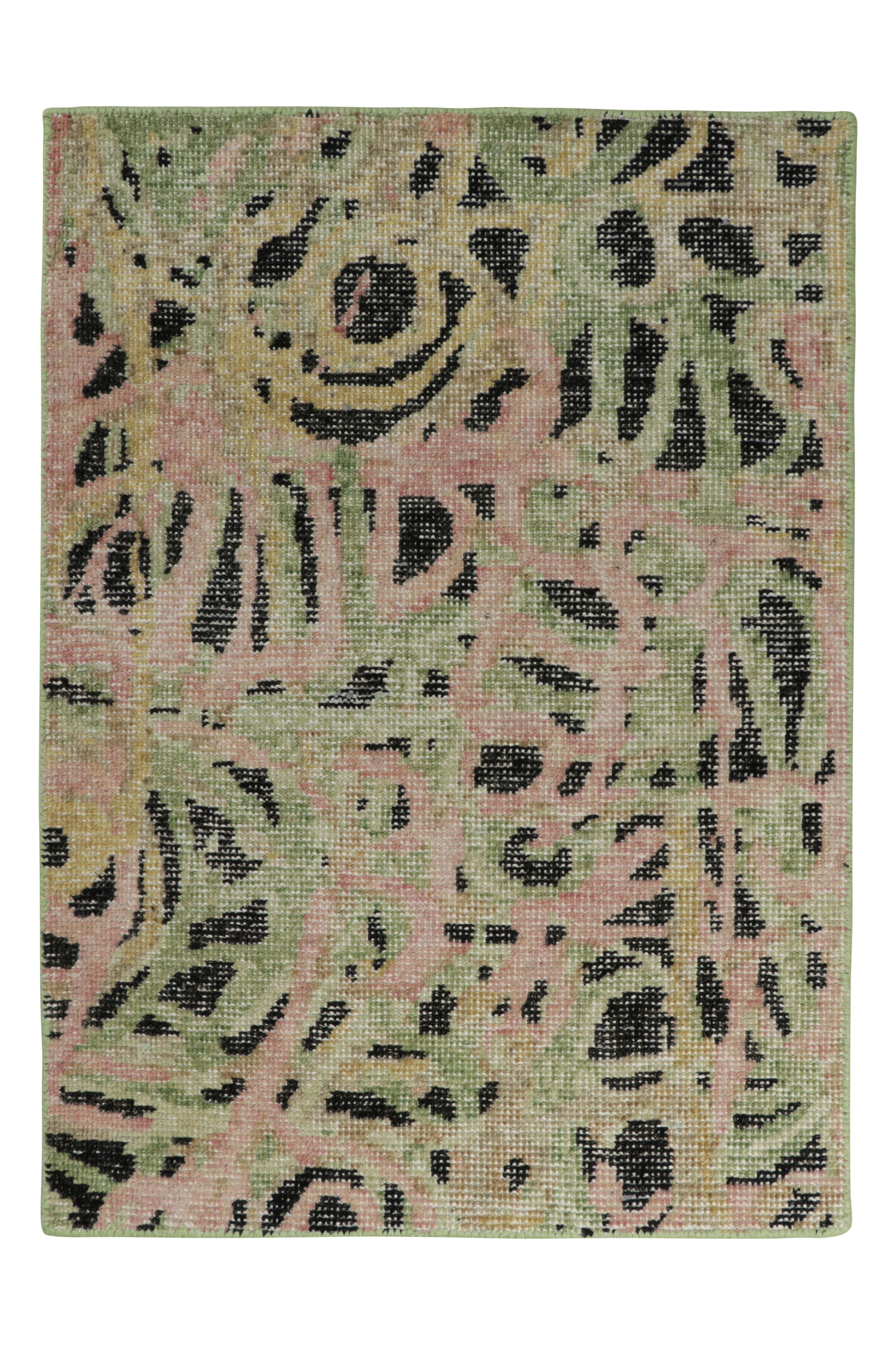 Modern Rug & Kilim’s Distressed Style Gift-Size Abstract Rug in Green and Pink