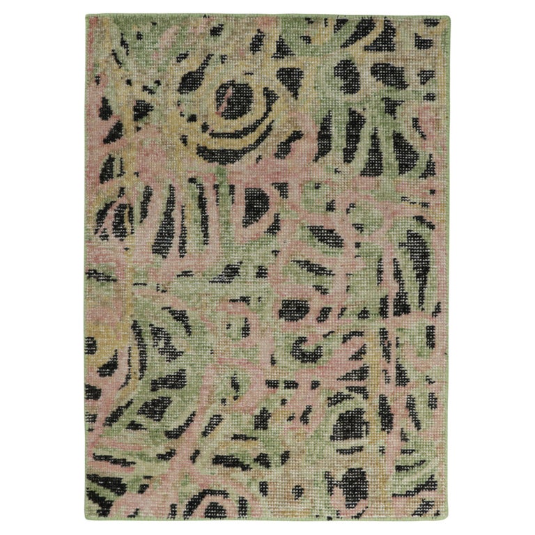 Rug & Kilim’s Distressed Style Gift-Size Abstract Rug in Green and Pink For Sale