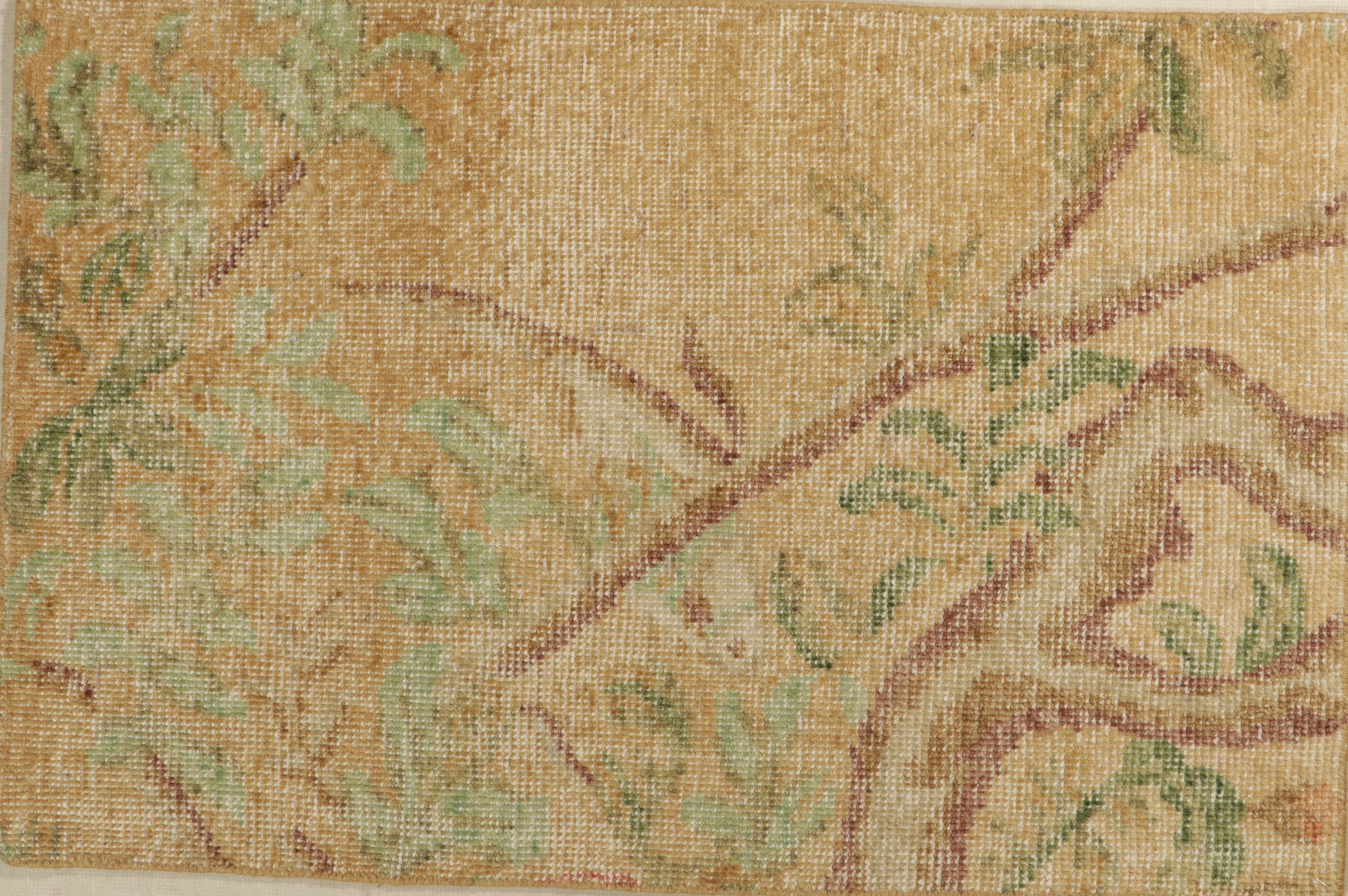 Modern Rug & Kilim’s Distressed Style Gift-Size Rug in Beige-Brown and Green Florals For Sale