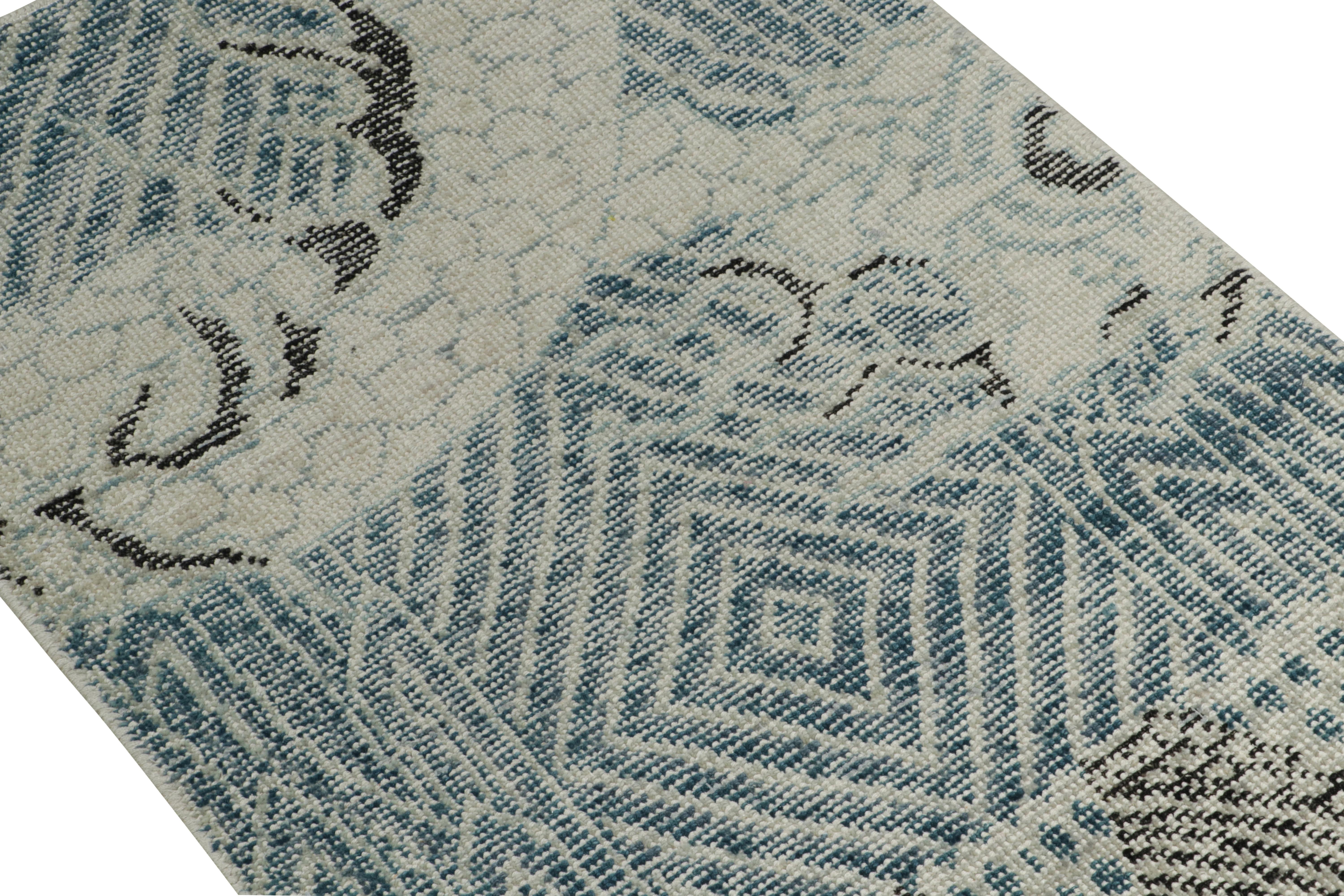 This 2x3 rug hails from the gift-size selections of Rug & Kilim’s Homage Collection, remarking a bold take on distressed style. This design evokes classic Chinese rug sensibilities in regal dragon pictorials in off-white atop blue with black