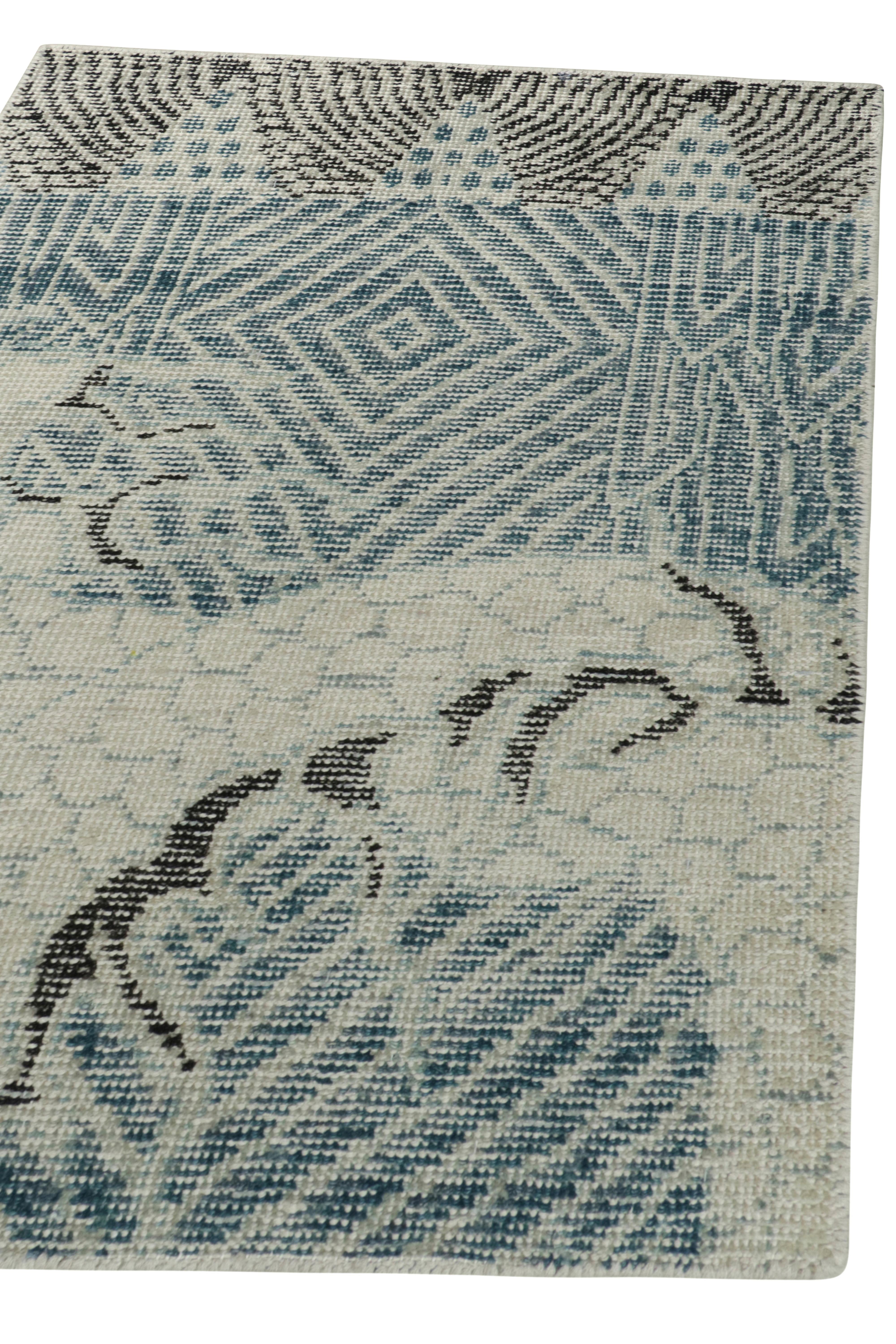 Modern Rug & Kilim’s Distressed Style Gift-Size Rug in Blue and White Dragon Pictorials