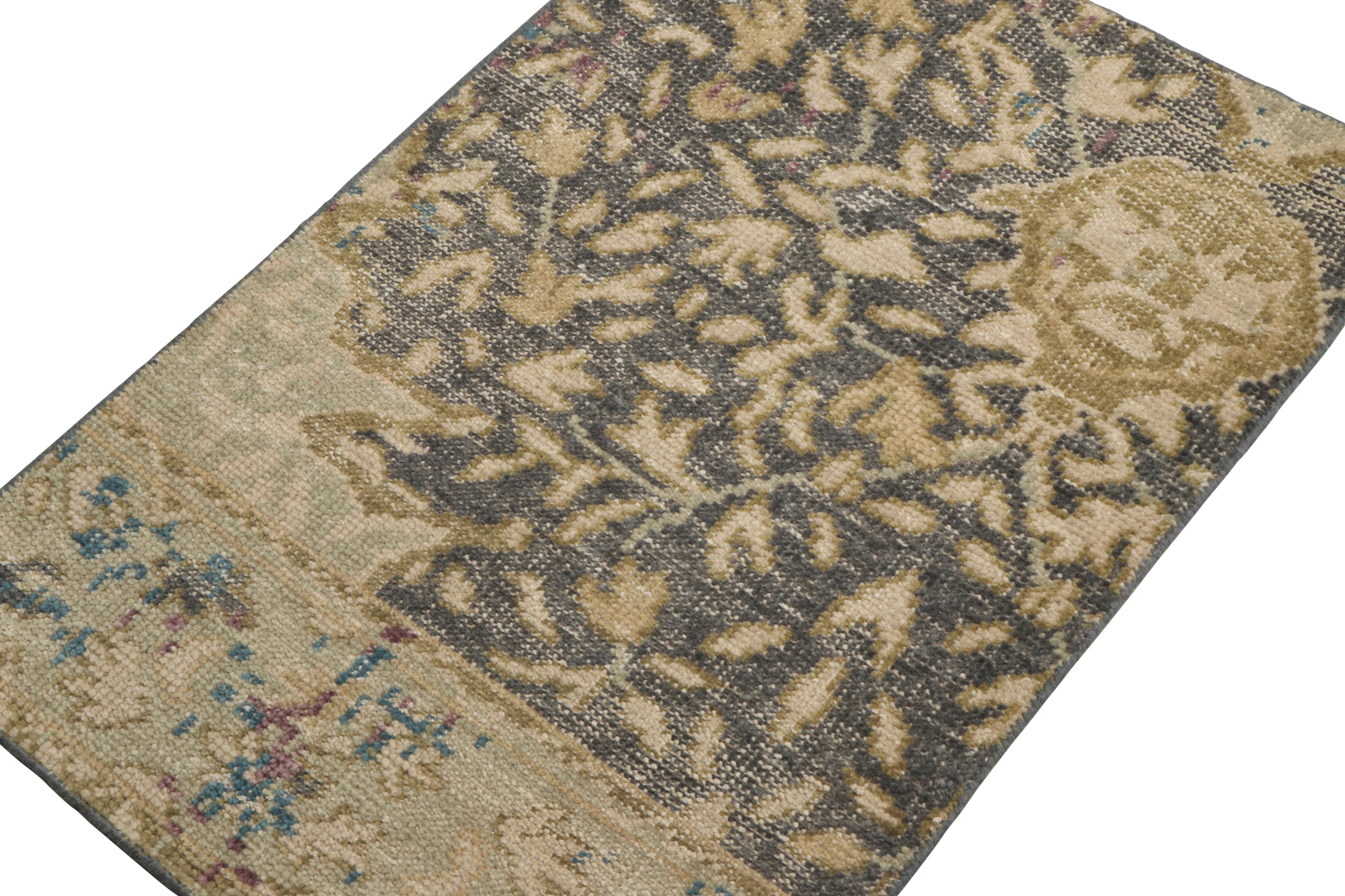 This 2x3 rug hails from the gift-size selections of Rug & Kilim’s Homage Collection, remarking a bold take on distressed style. This design evokes classic Persian rug styles in a rustic play of beige-brown floral patterns and blue undertones. 

An