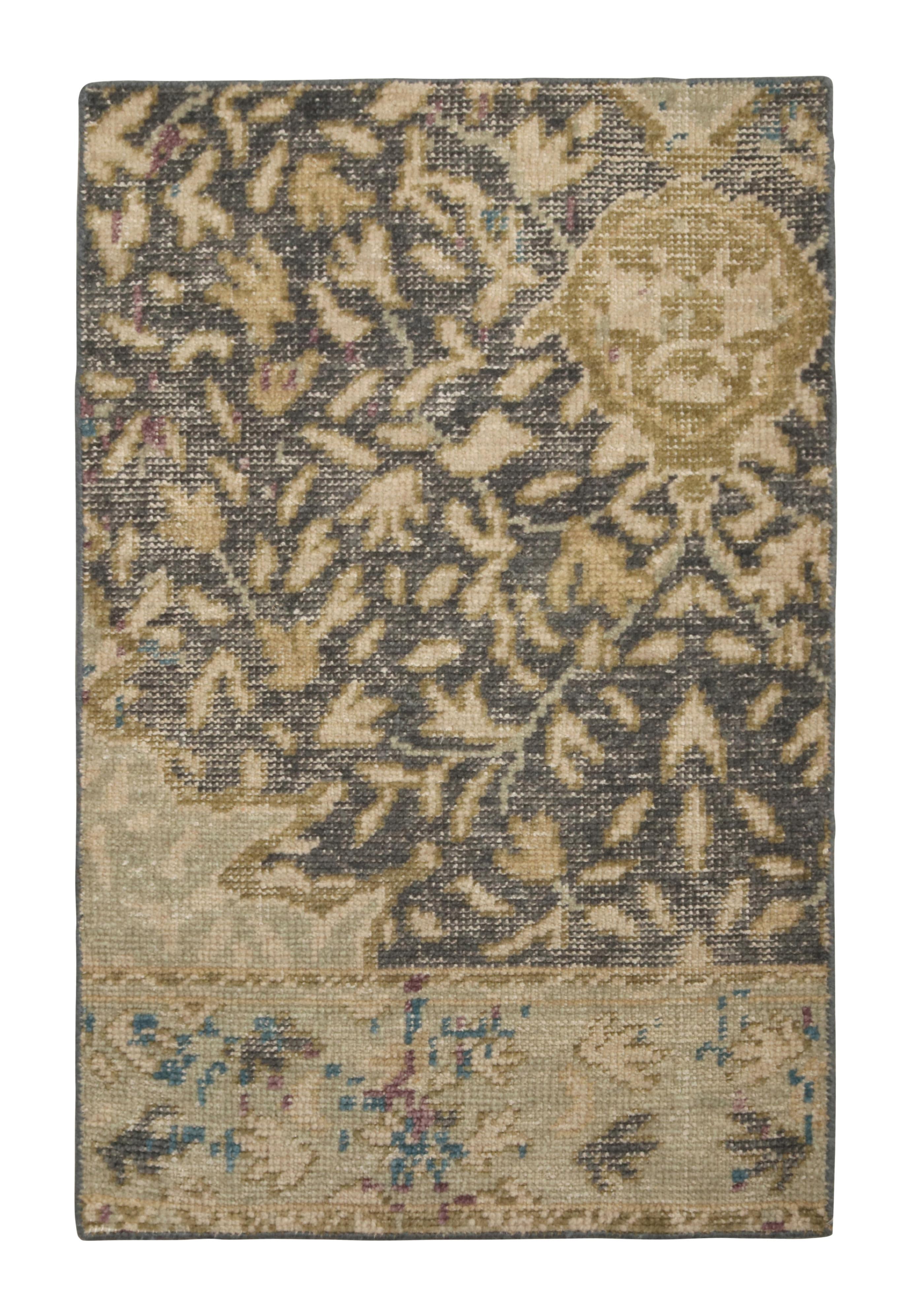 Indian Rug & Kilim’s Distressed Style Gift-Size Rug in Blue, Beige-Brown Floral Pattern For Sale