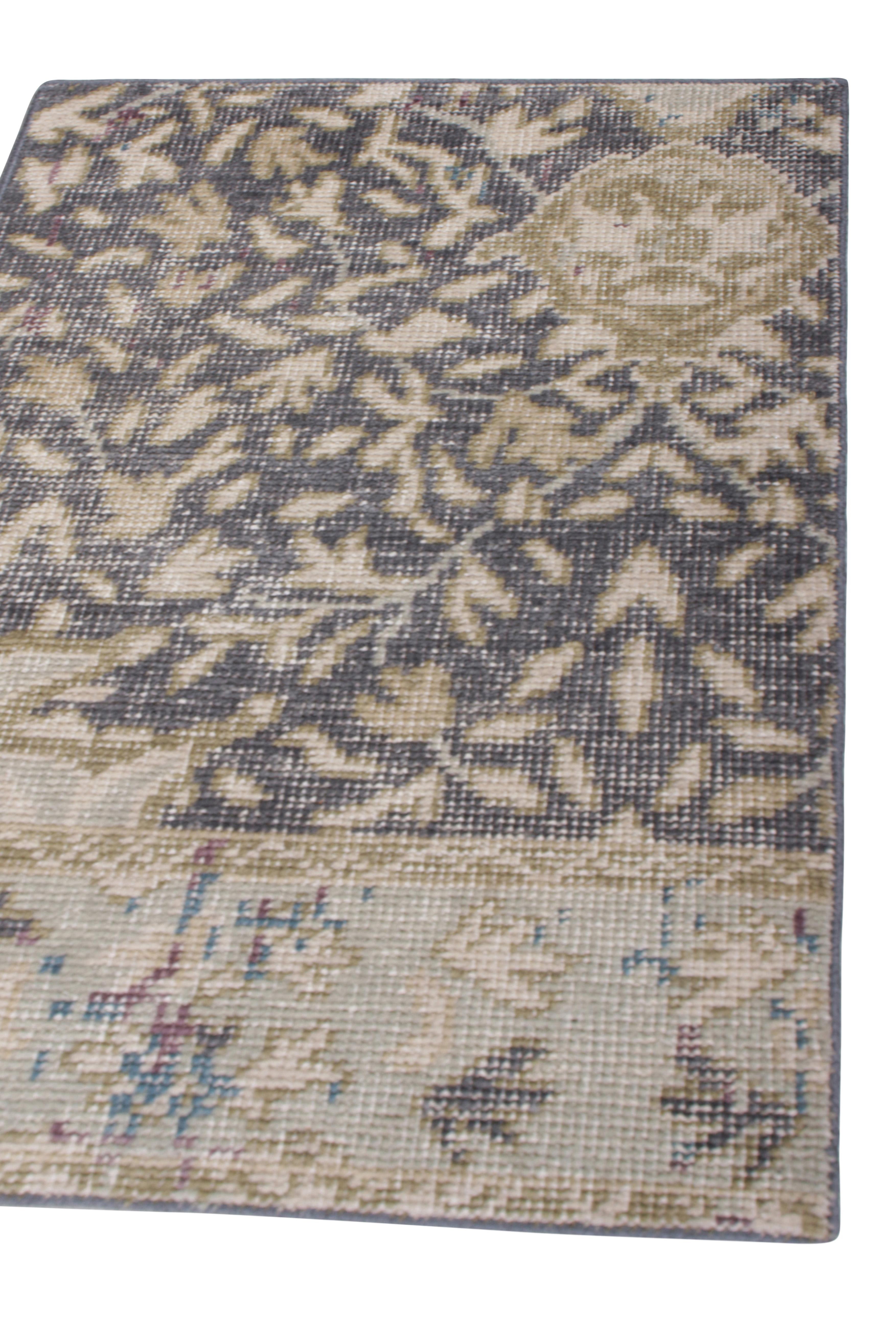 Rug & Kilim’s Distressed Style Gift-Size Rug in Blue, Beige-Brown Floral Pattern In New Condition For Sale In Long Island City, NY
