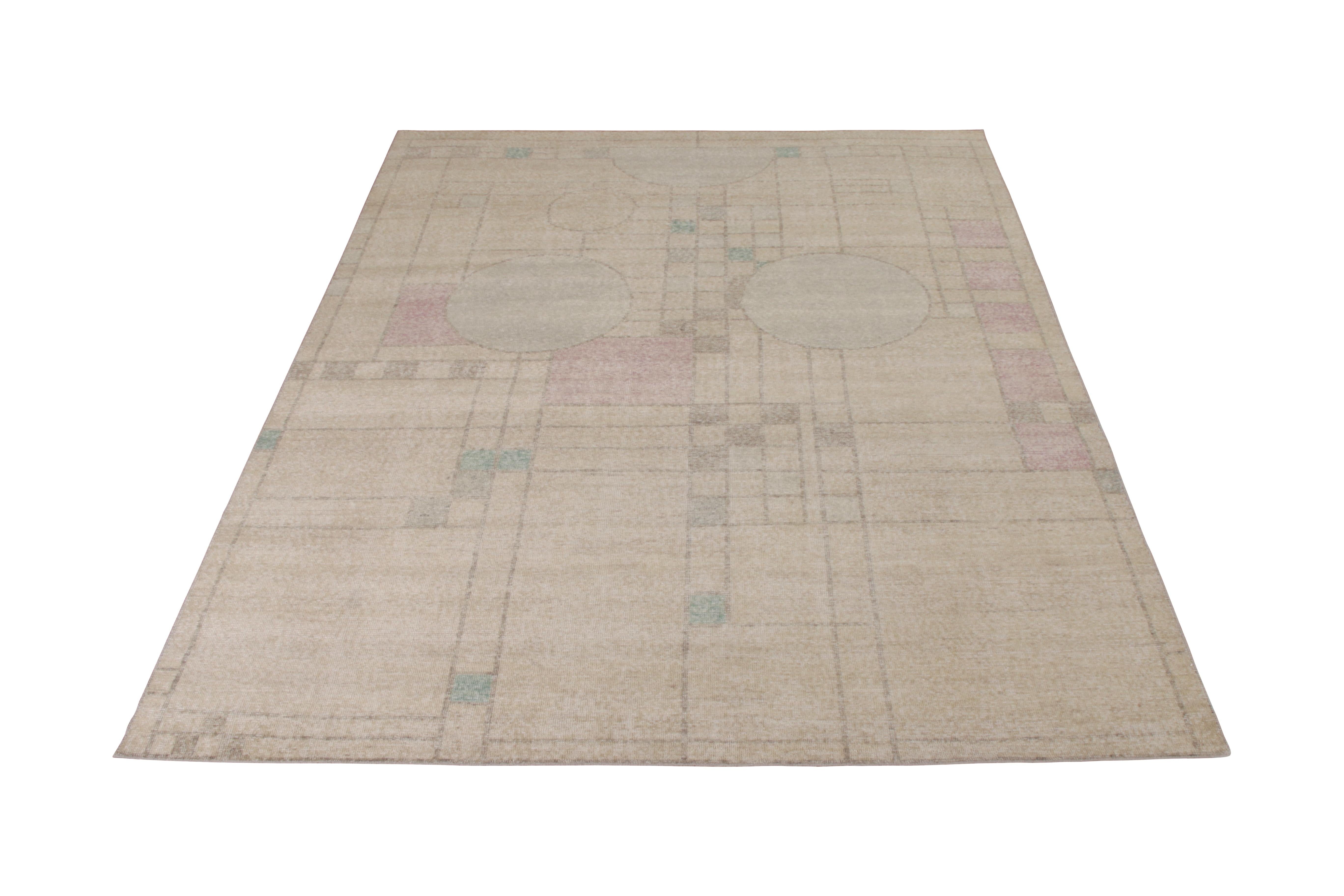 Handmade in a refined, low-pile wool with a comfortable wash achieving this shabby-chic distressed style, this 8 x 10 modern rug joins the Homage Collection by Rug & Kilim, representing an encyclopedic approach to reimagining Classic and modern rug