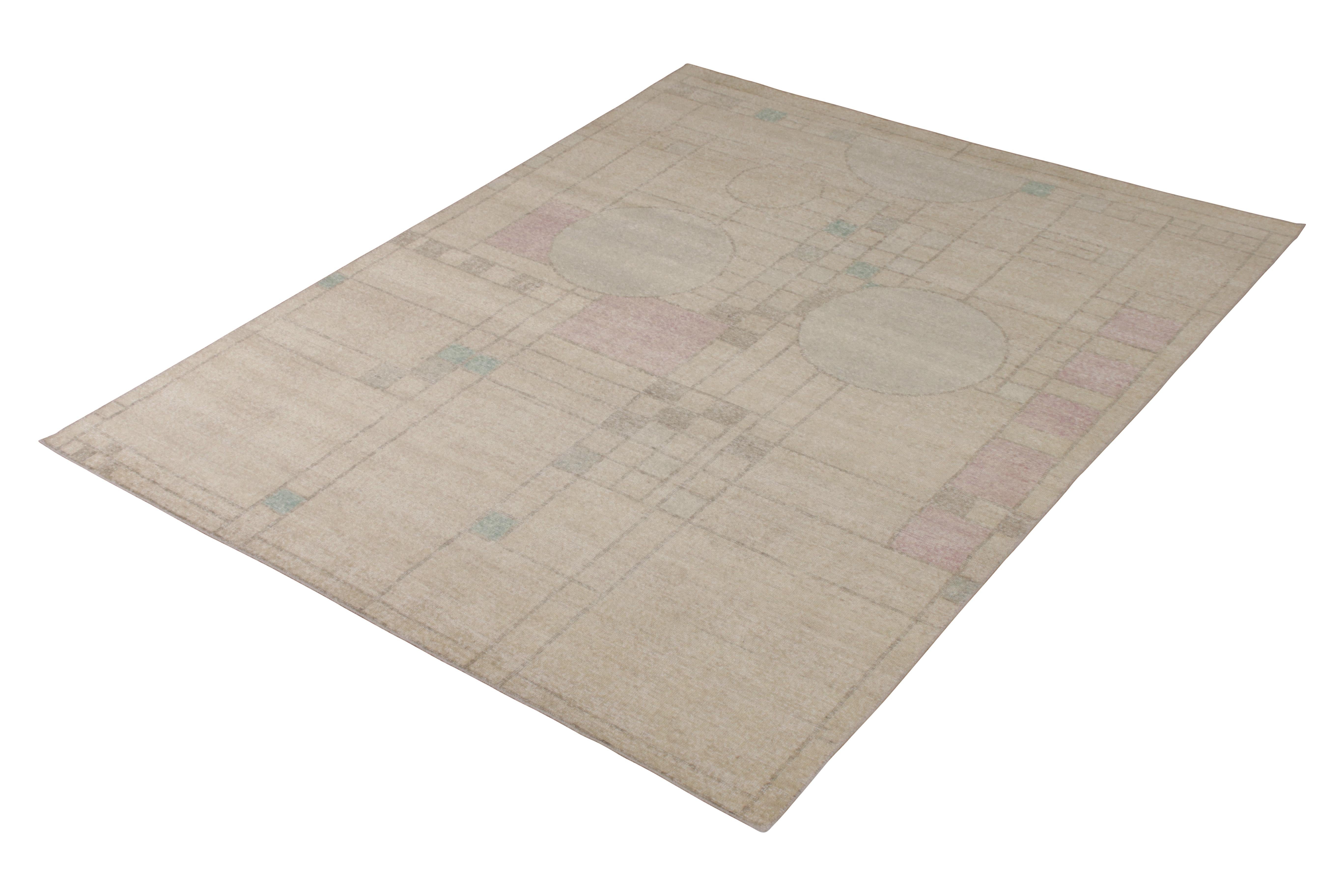 Art Deco Rug & Kilim’s Distressed Style Modern Rug in Beige All-Over Deco Pattern For Sale