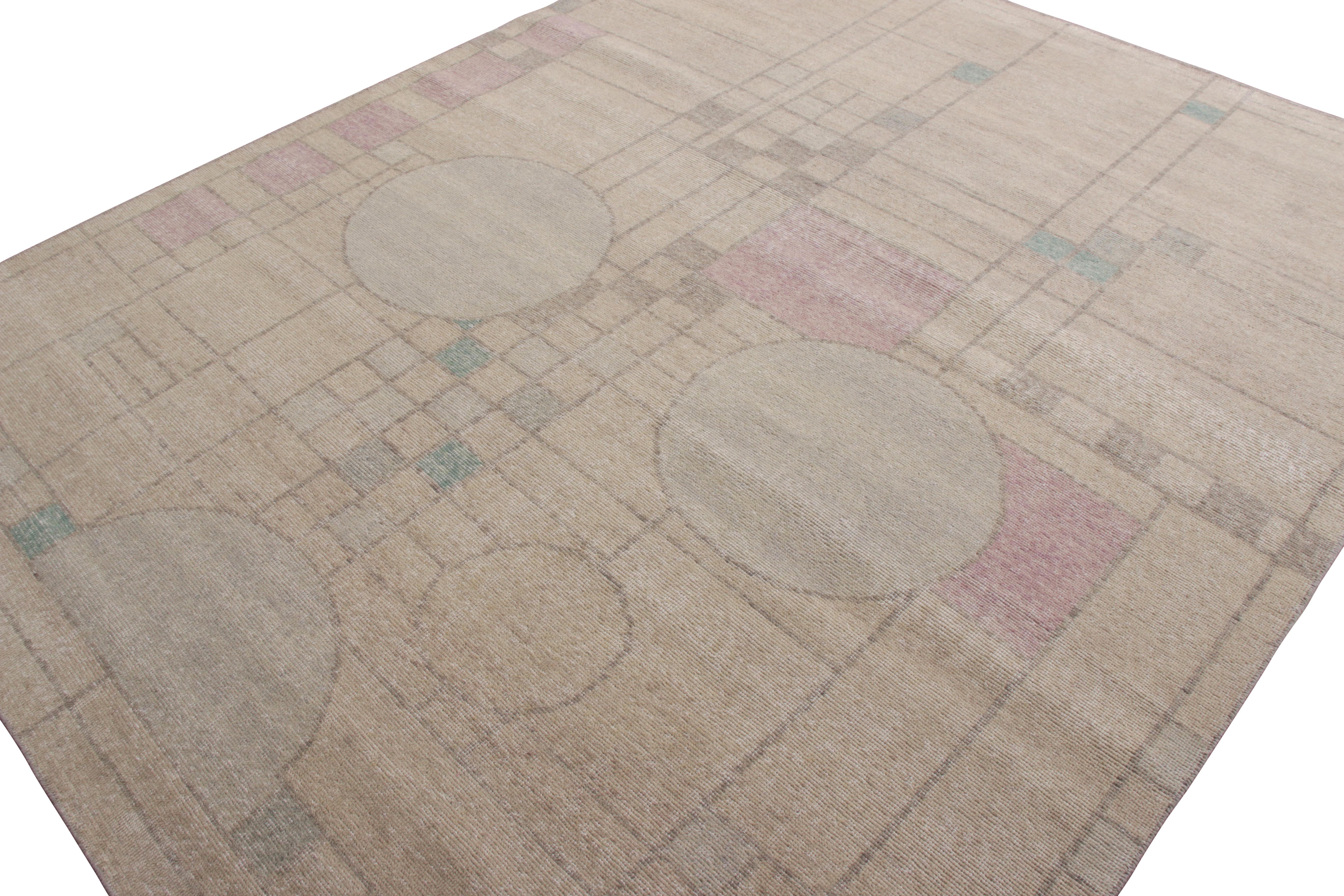 Indian Rug & Kilim’s Distressed Style Modern Rug in Beige All-Over Deco Pattern For Sale