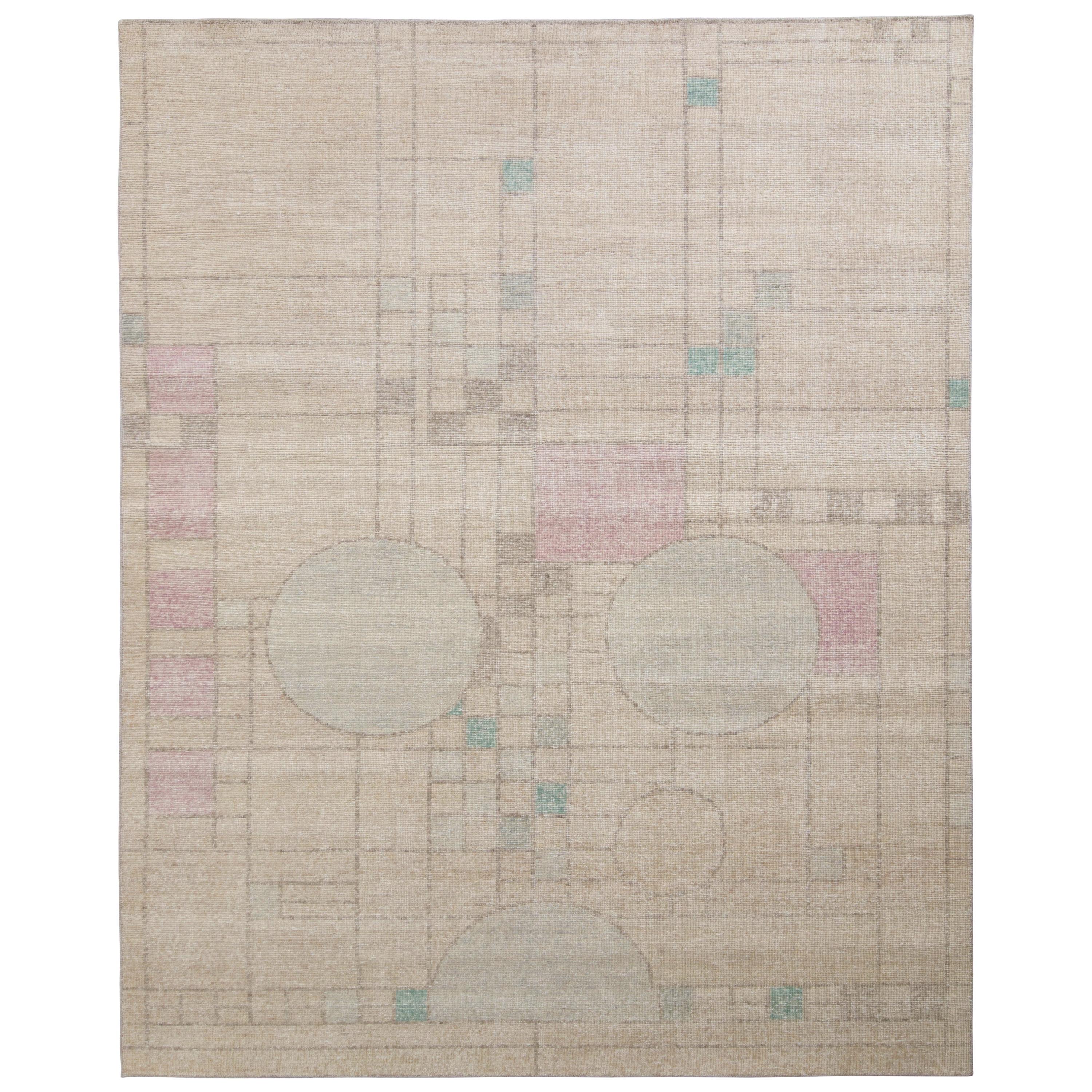 Rug & Kilim’s Distressed Style Modern Rug in Beige All-Over Deco Pattern