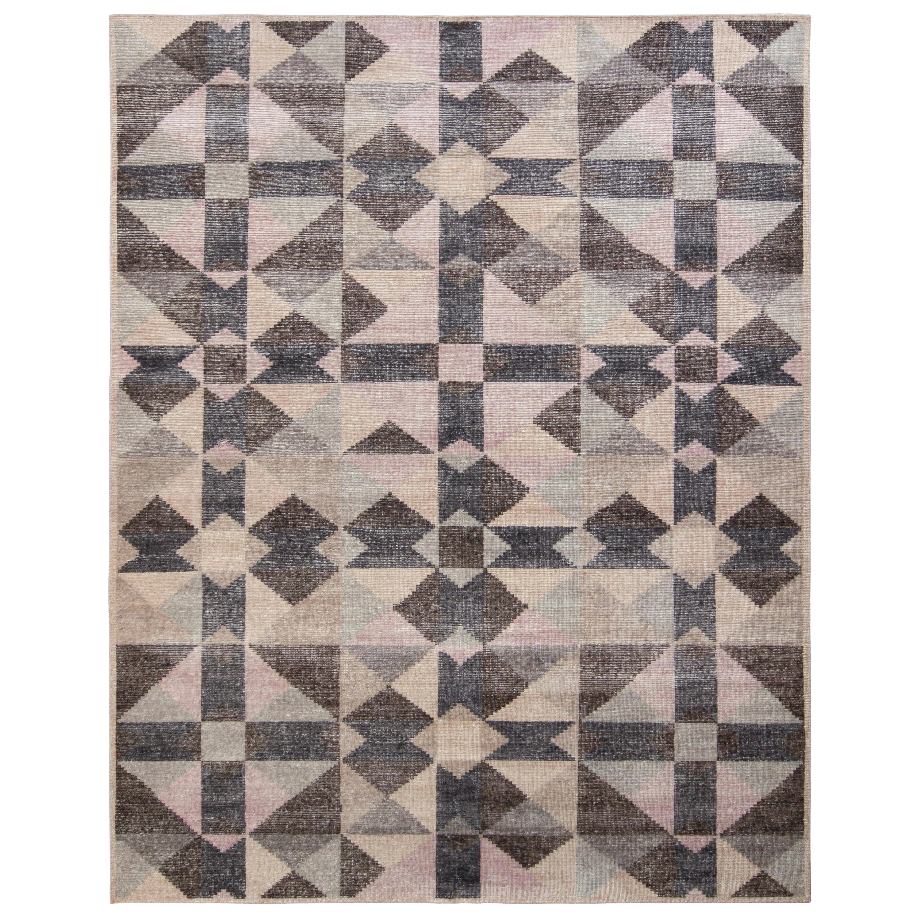 Rug & Kilim’s Distressed Style Modern Rug in Beige Brown Geometric Pattern