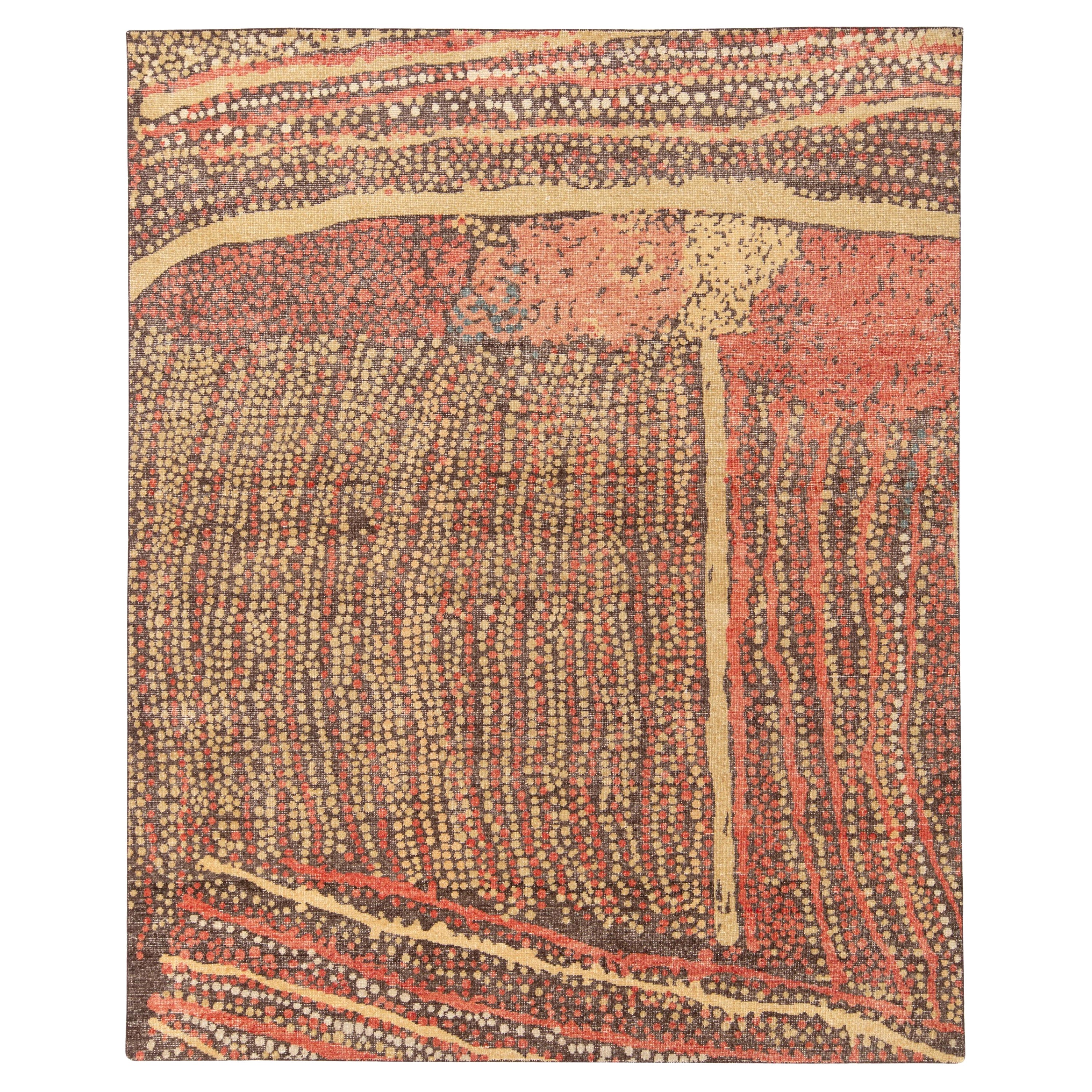 Alfombra moderna de estilo desgastado Rug & Kilim de color beige-marrón y dibujo abstracto rojo