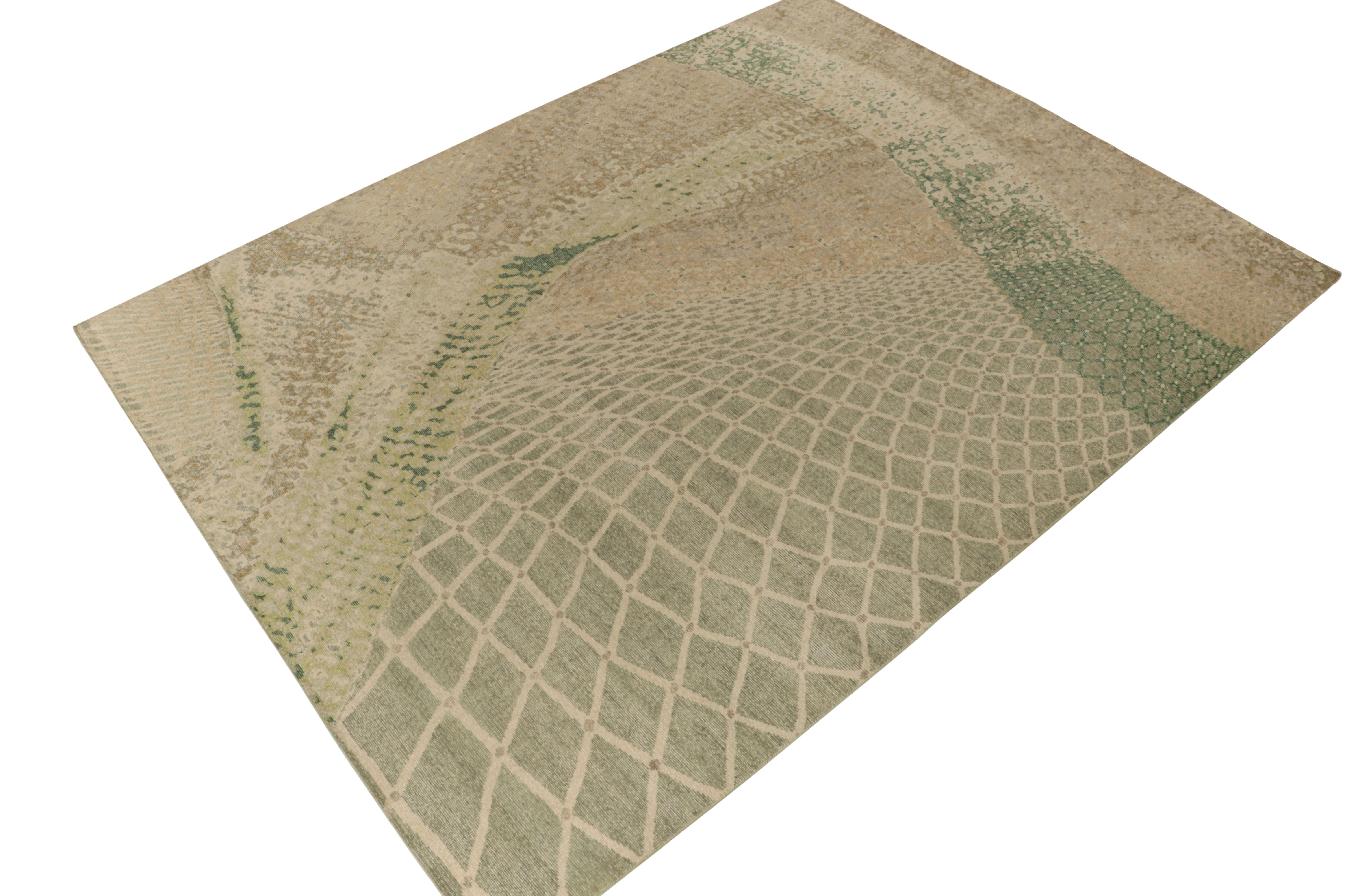 Indian Rug & Kilim's Distressed Style Modern Rug in Beige, Green Abstract Pattern For Sale