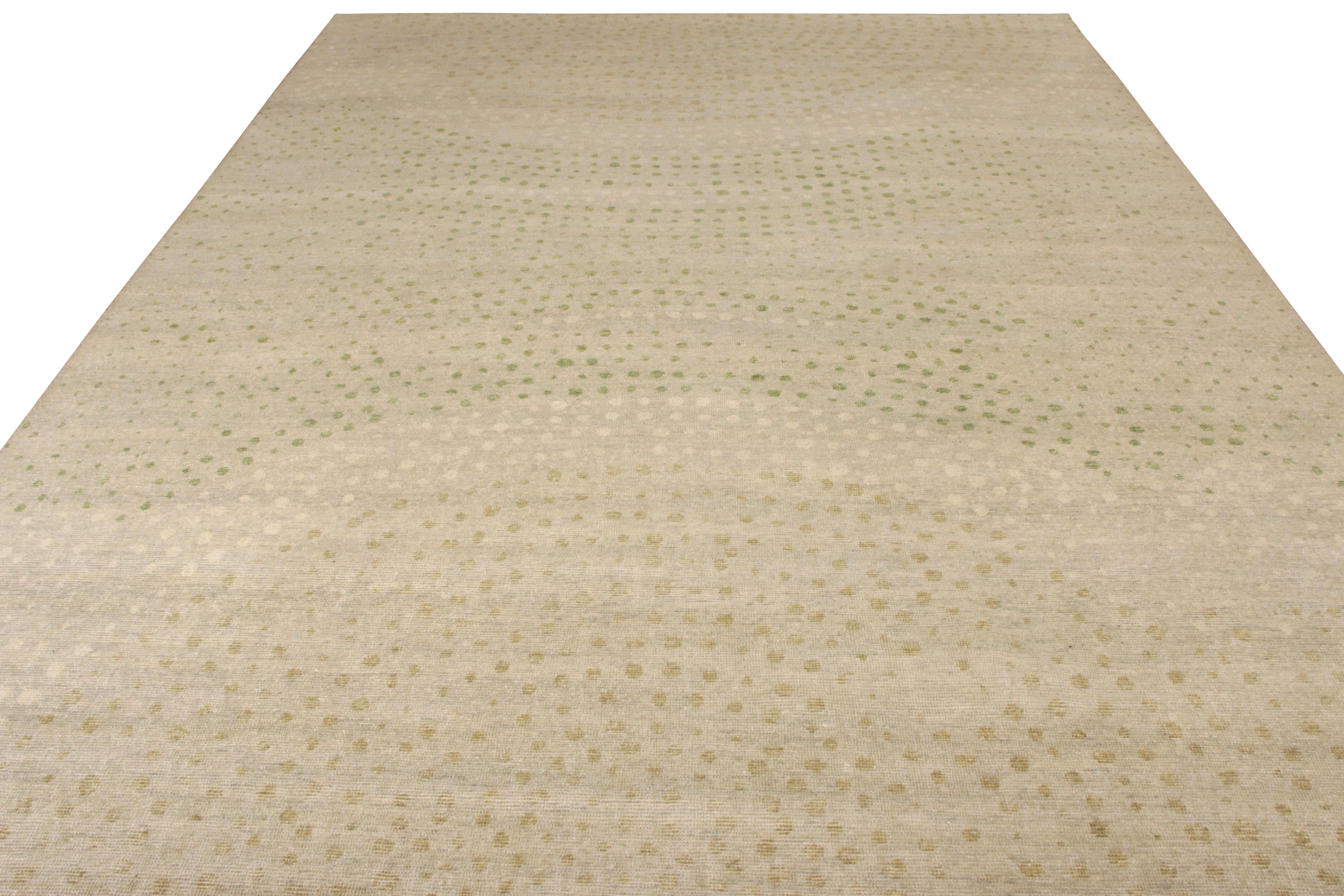 Redefining the language of style, Rug & Kilim presents a distinguished 9 x 12 addition to the Homage Collection. Hand knotted in wool, an engaging piece from the work of Nikita Nagpal in our signature dot pattern styles sits fabulously in green and