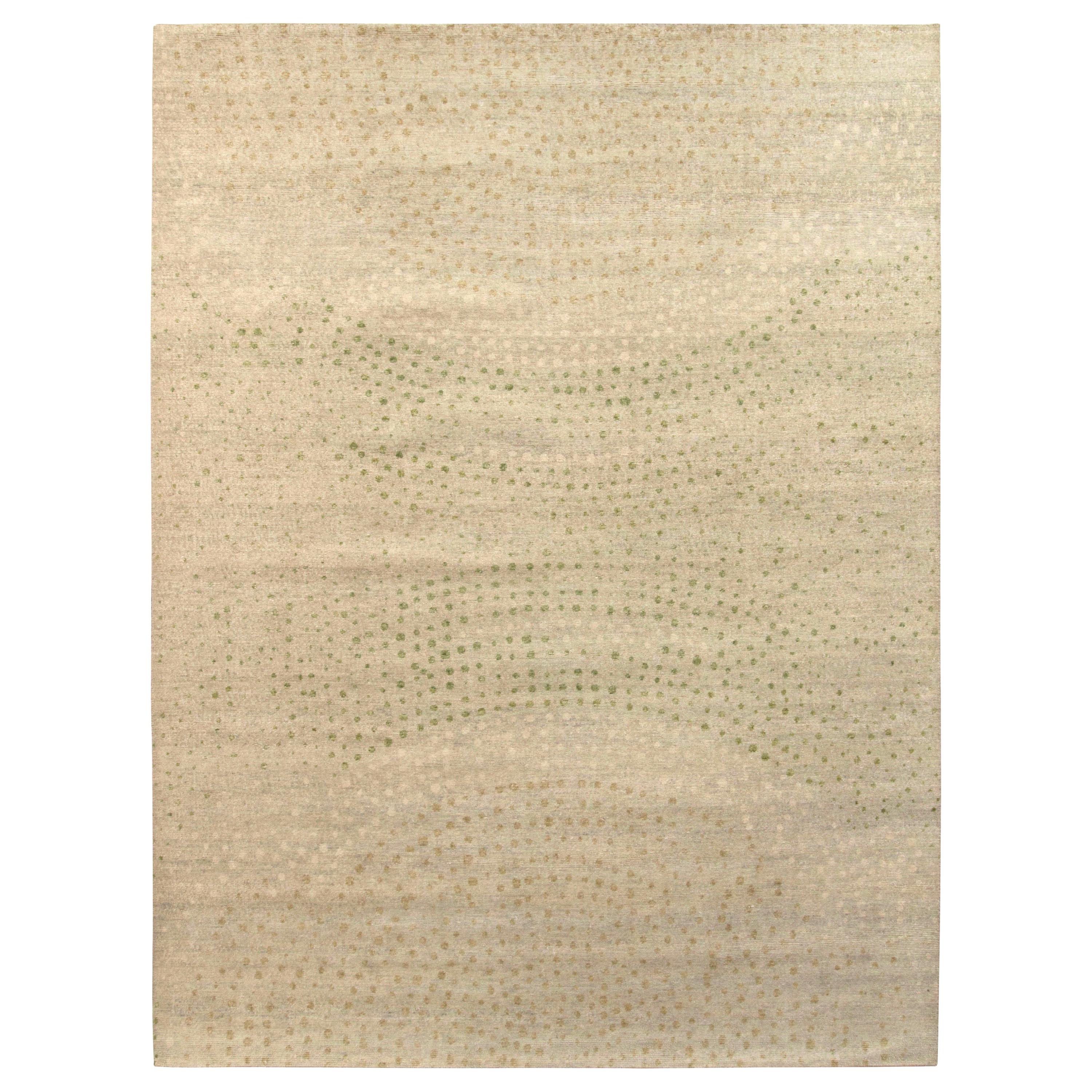 Rug & Kilim’s Distressed Style Modern Rug in Beige, Green Dots Pattern For Sale
