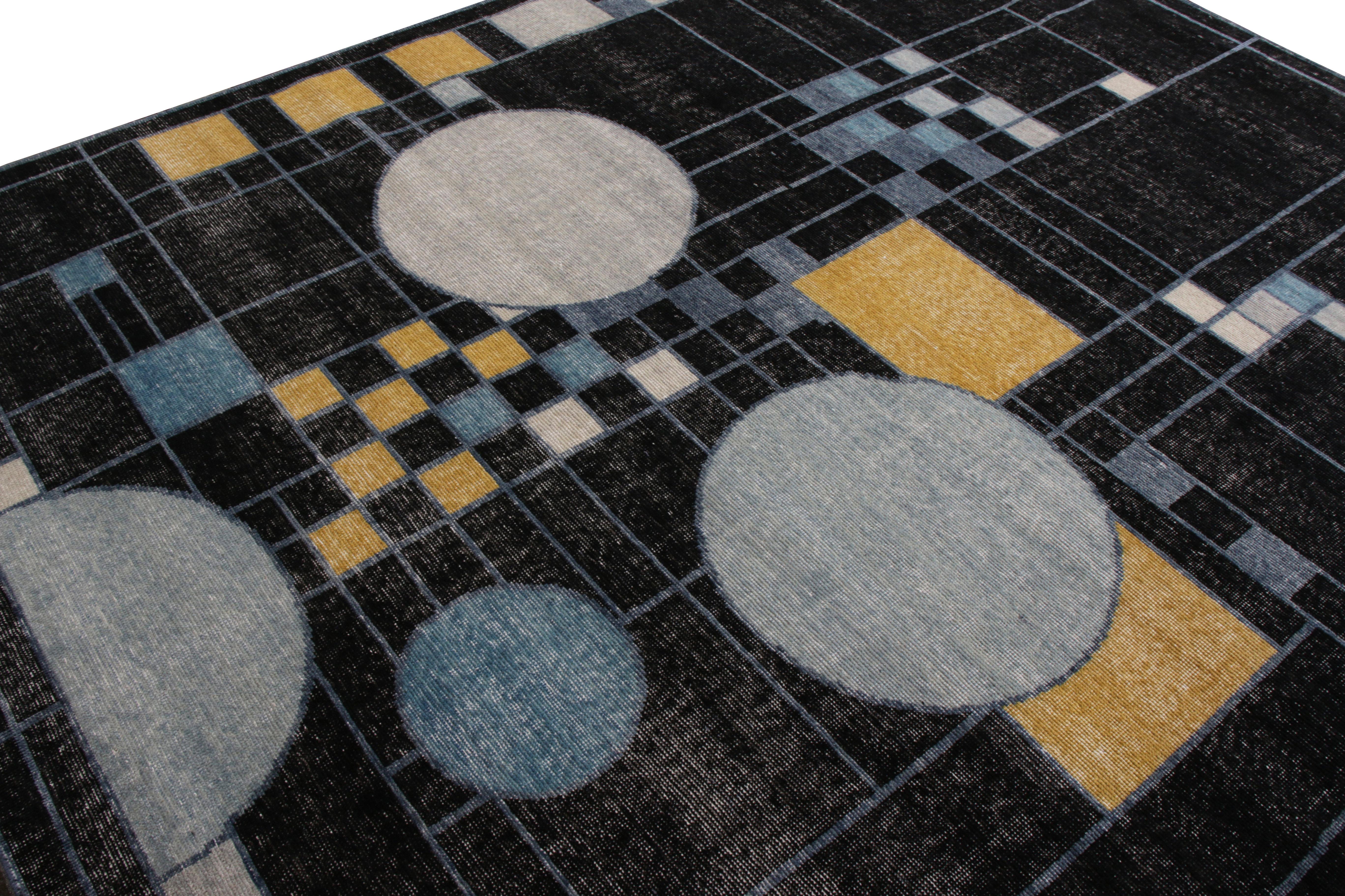Hand-Knotted Rug & Kilim’s Distressed Style Modern Rug in Black Blue Art Deco Pattern