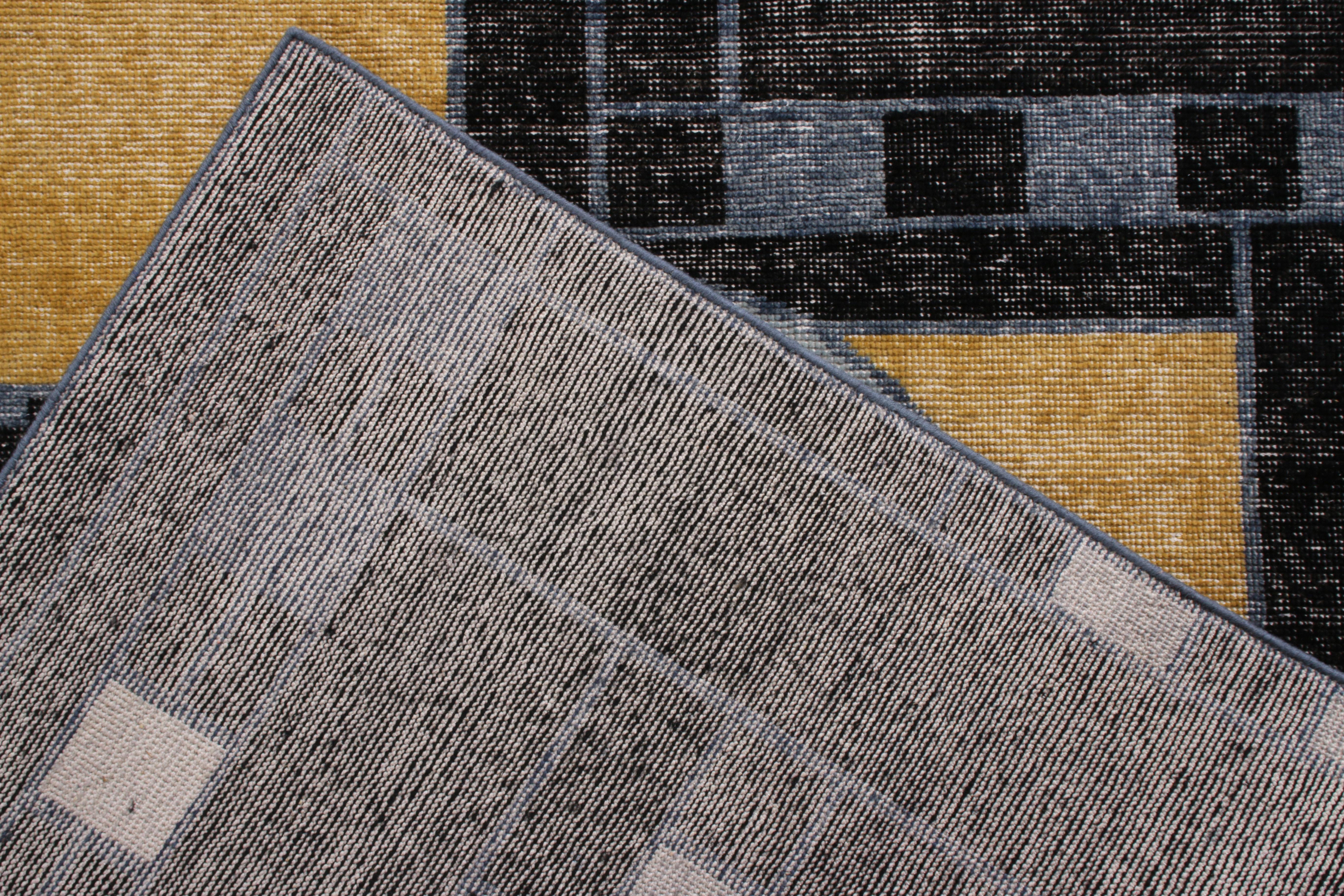 Rug & Kilim’s Distressed Style Modern Rug in Black Blue Art Deco Pattern In New Condition In Long Island City, NY