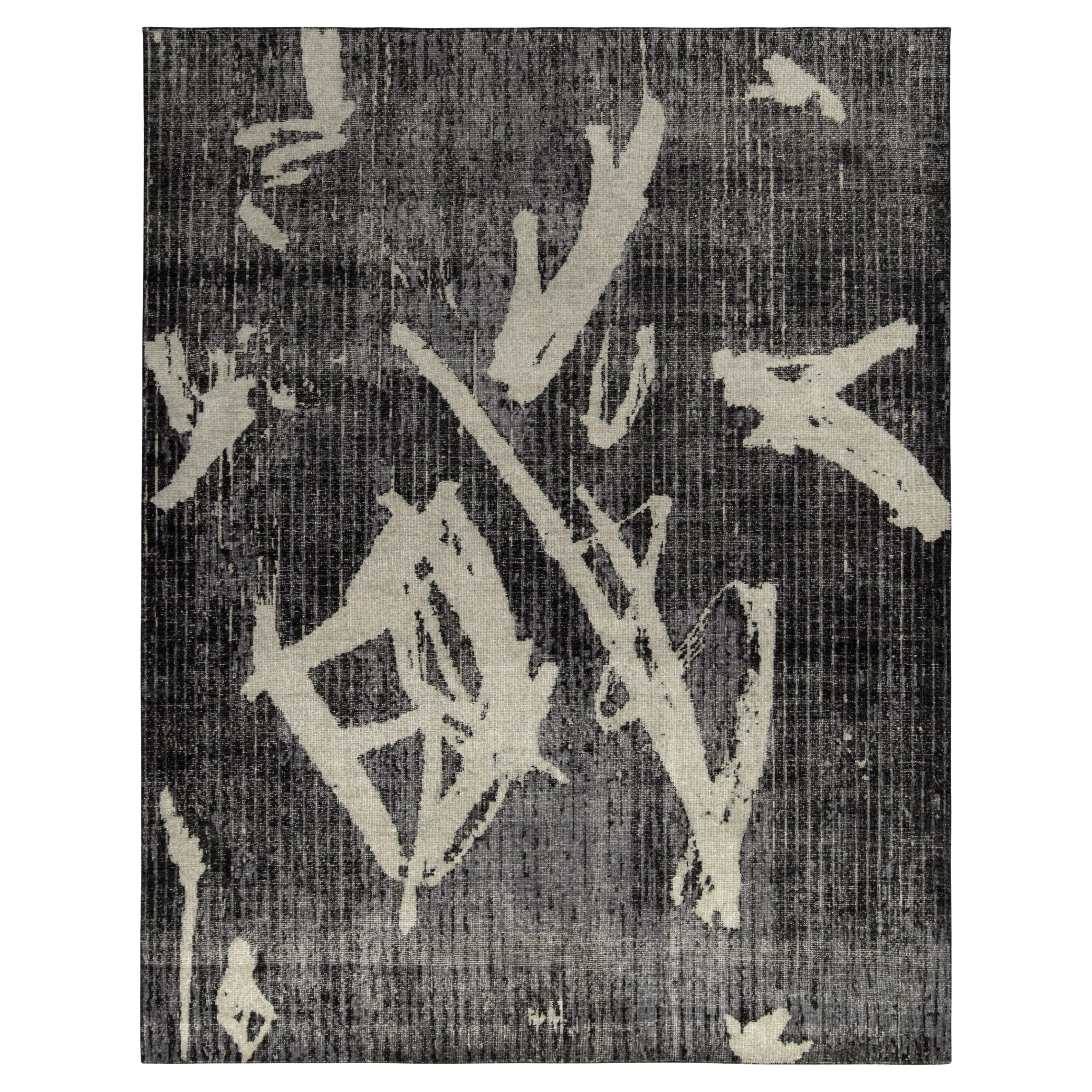 Rug & Kilim’s Distressed Style Modern Rug in Black, Gray Geometric Pattern For Sale