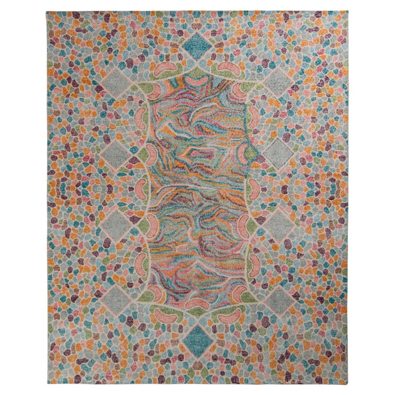 Rug and Kilim’s Distressed Style Modern Rug in Blue Geometric Pattern