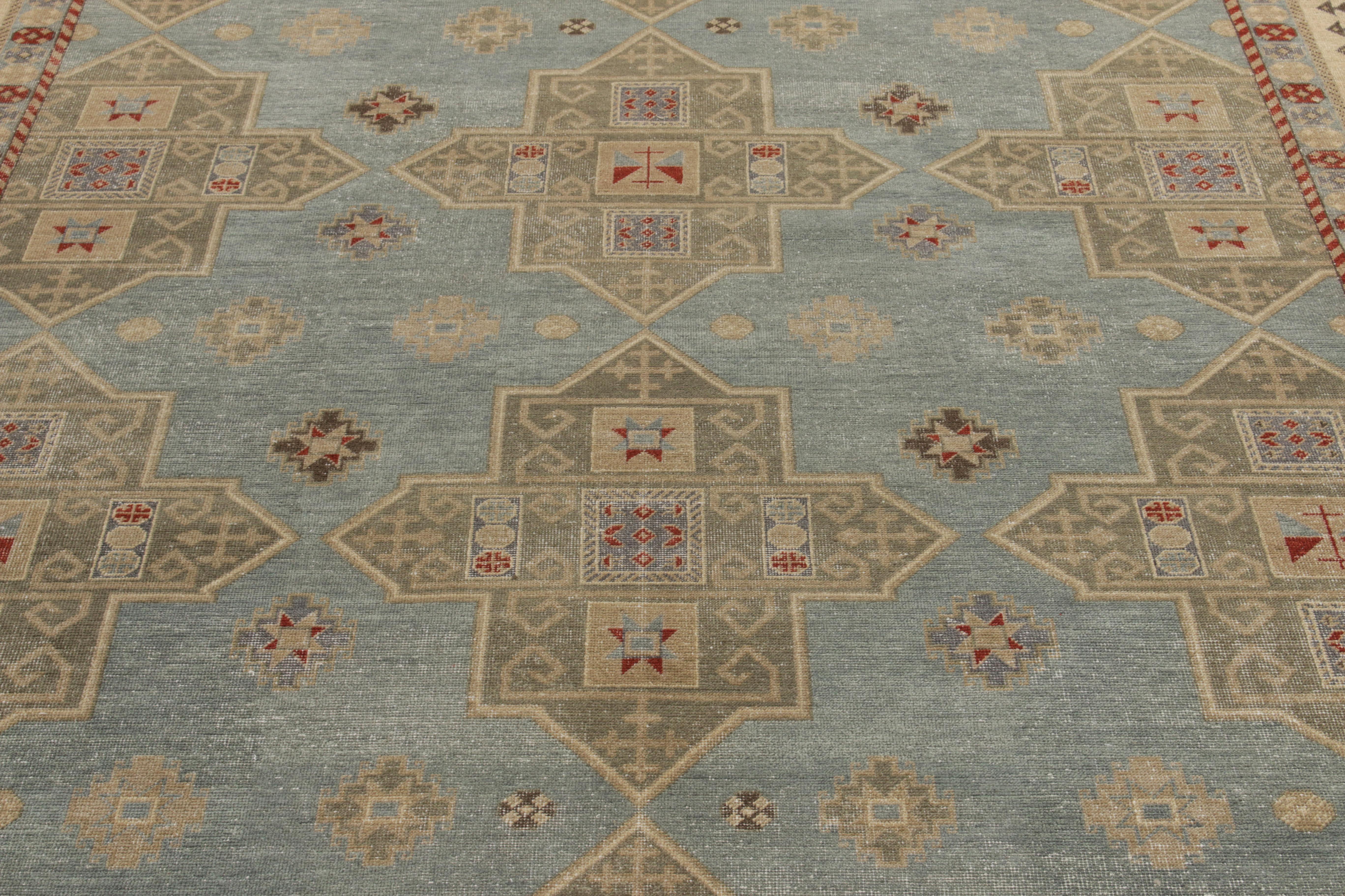 Indian Rug & Kilim's Distressed Style Modern Rug in Blue, Gold & Red Geometric Pattern For Sale