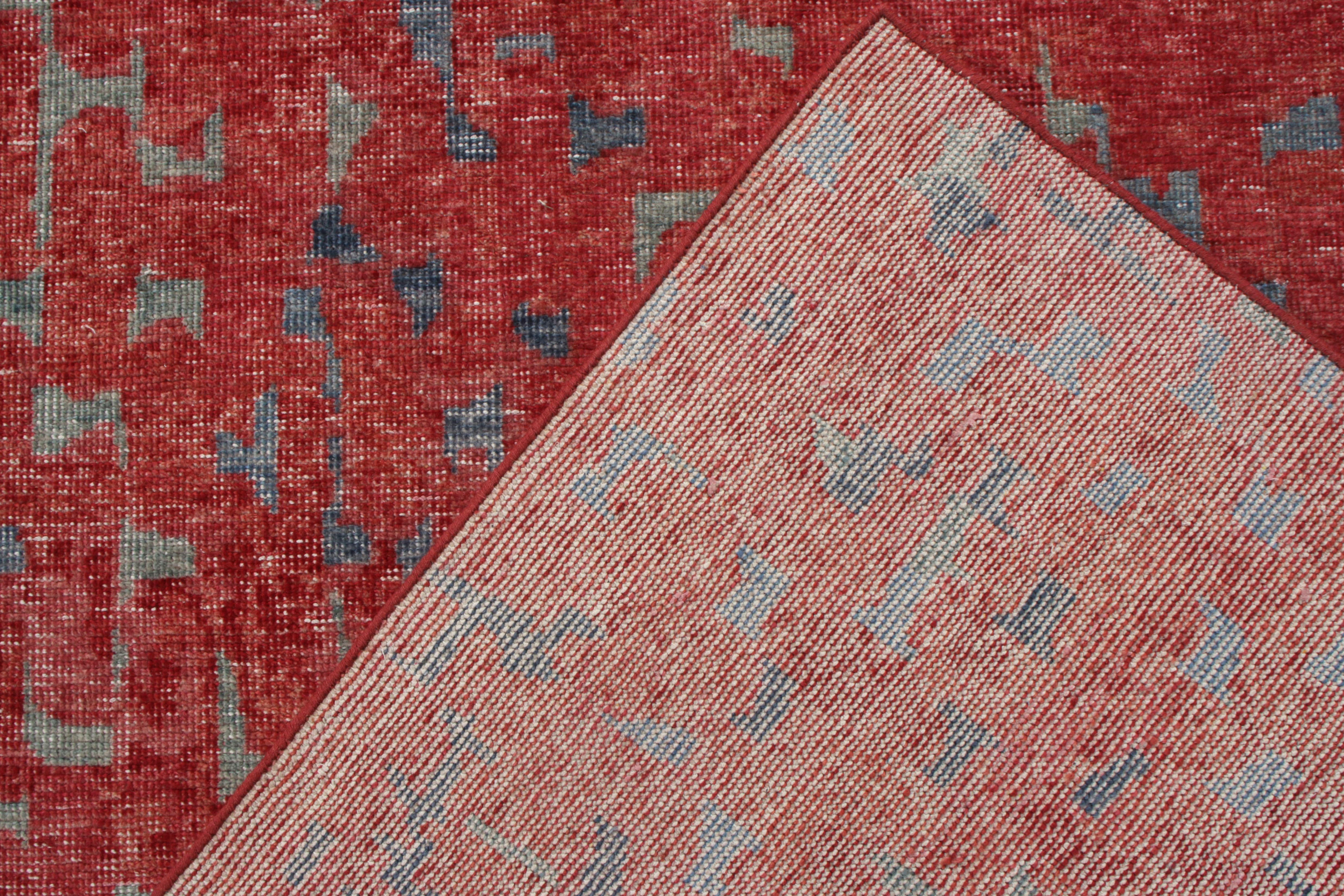 Hand-Knotted Rug & Kilim’s Distressed Style Modern Rug in Blue, Red Geometric Pattern For Sale