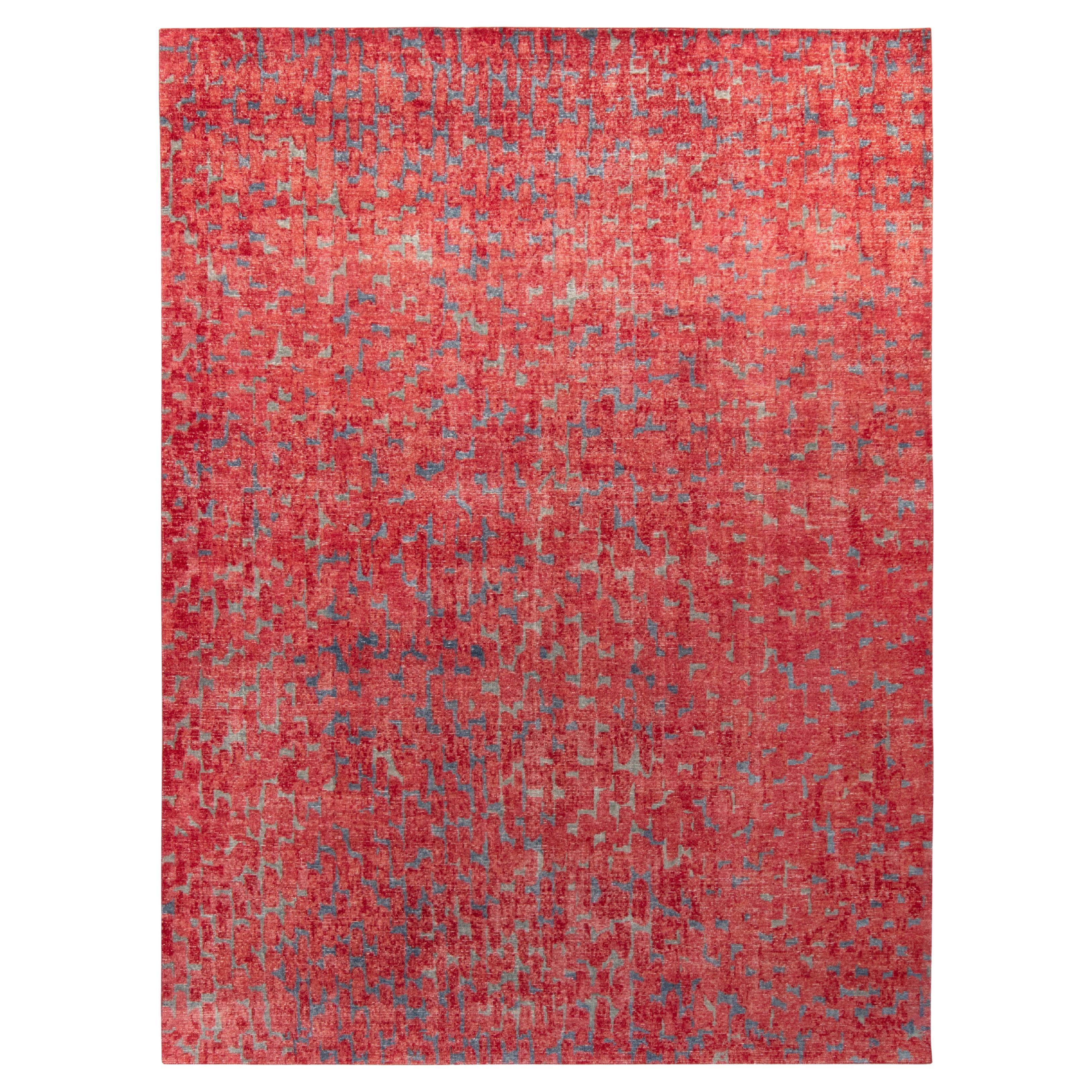 Rug & Kilim’s Distressed Style Modern Rug in Blue, Red Geometric Pattern